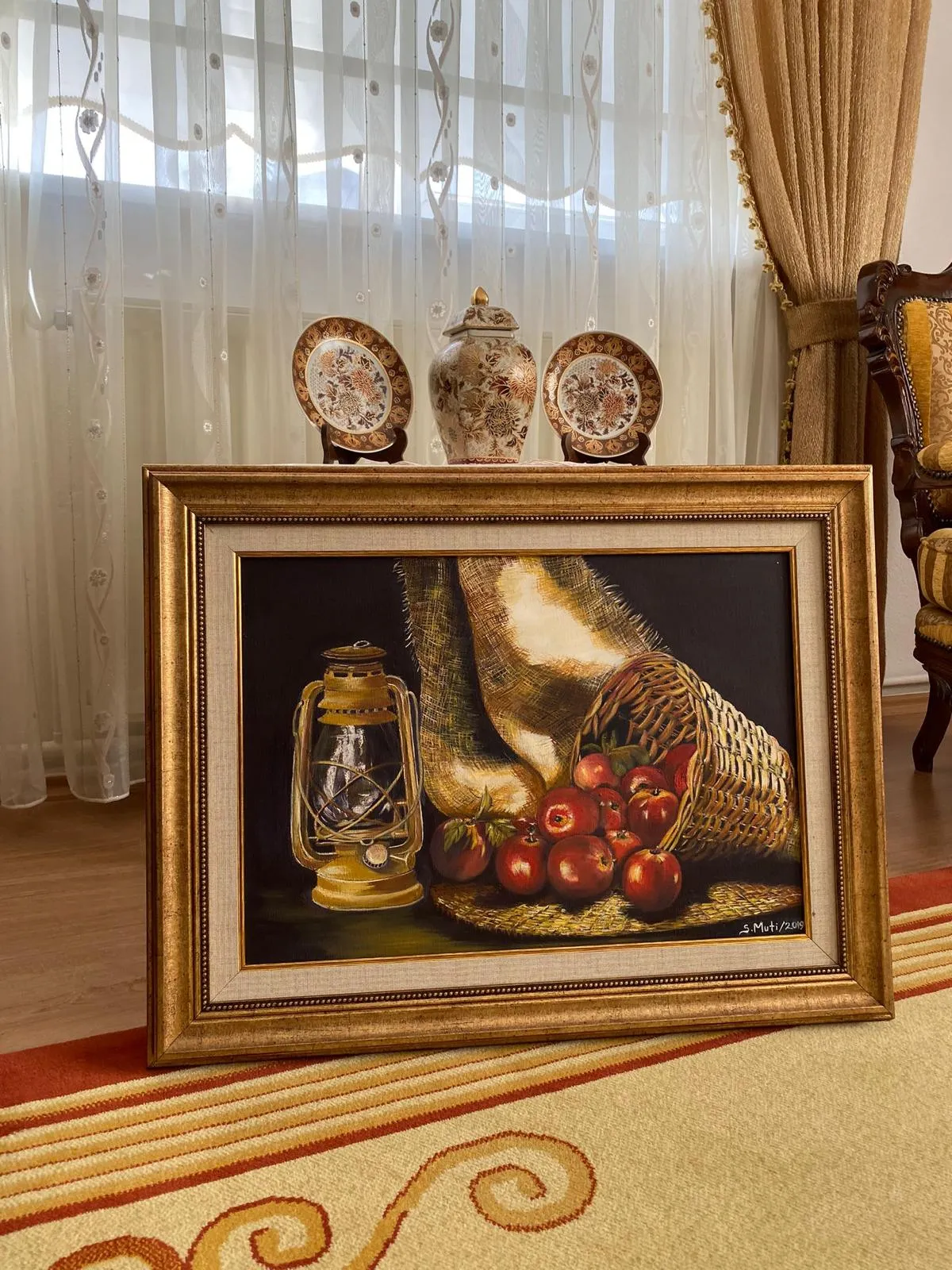 Old Model Lantern and Basket of Apples Oil Painting
