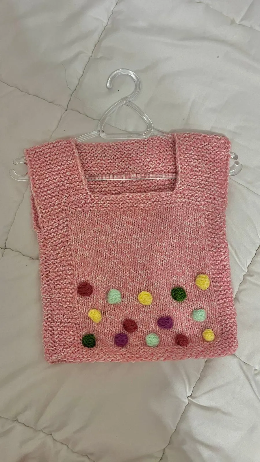 Pink Hand Knitted Baby Vest with Colorful Pompom Decorations