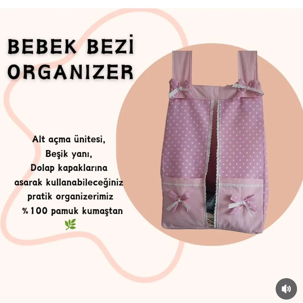 %100 Pamuk Poplin Kumaştan Bebek Bezi Organizeri – 45×35 cm