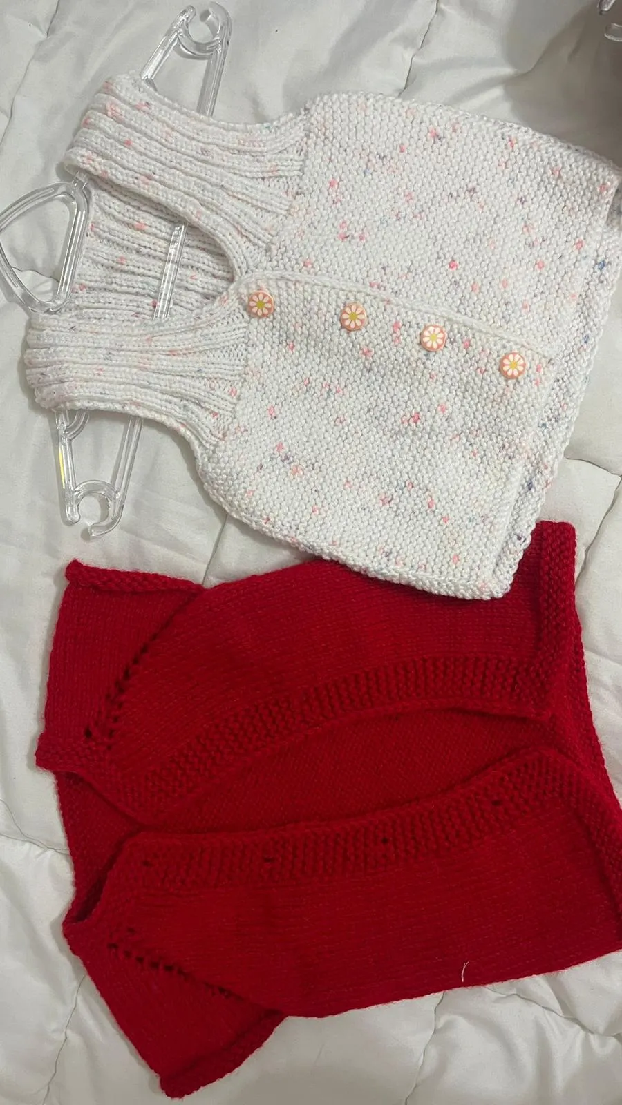 Hand Knitted Baby Vest with Red Flower Buttons