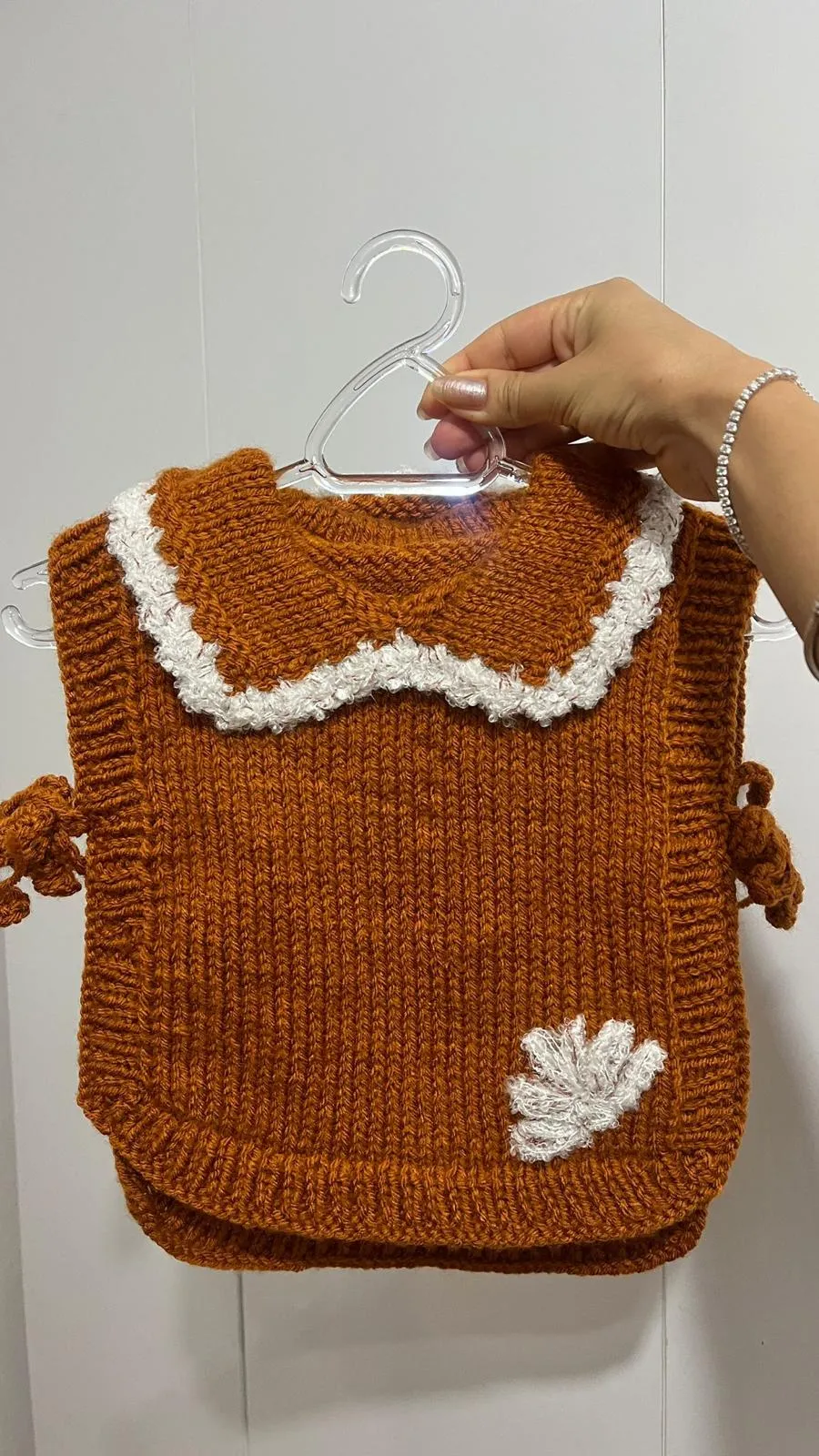 Brown Ruffle Collar Detailed Hand Knitted Baby Vest