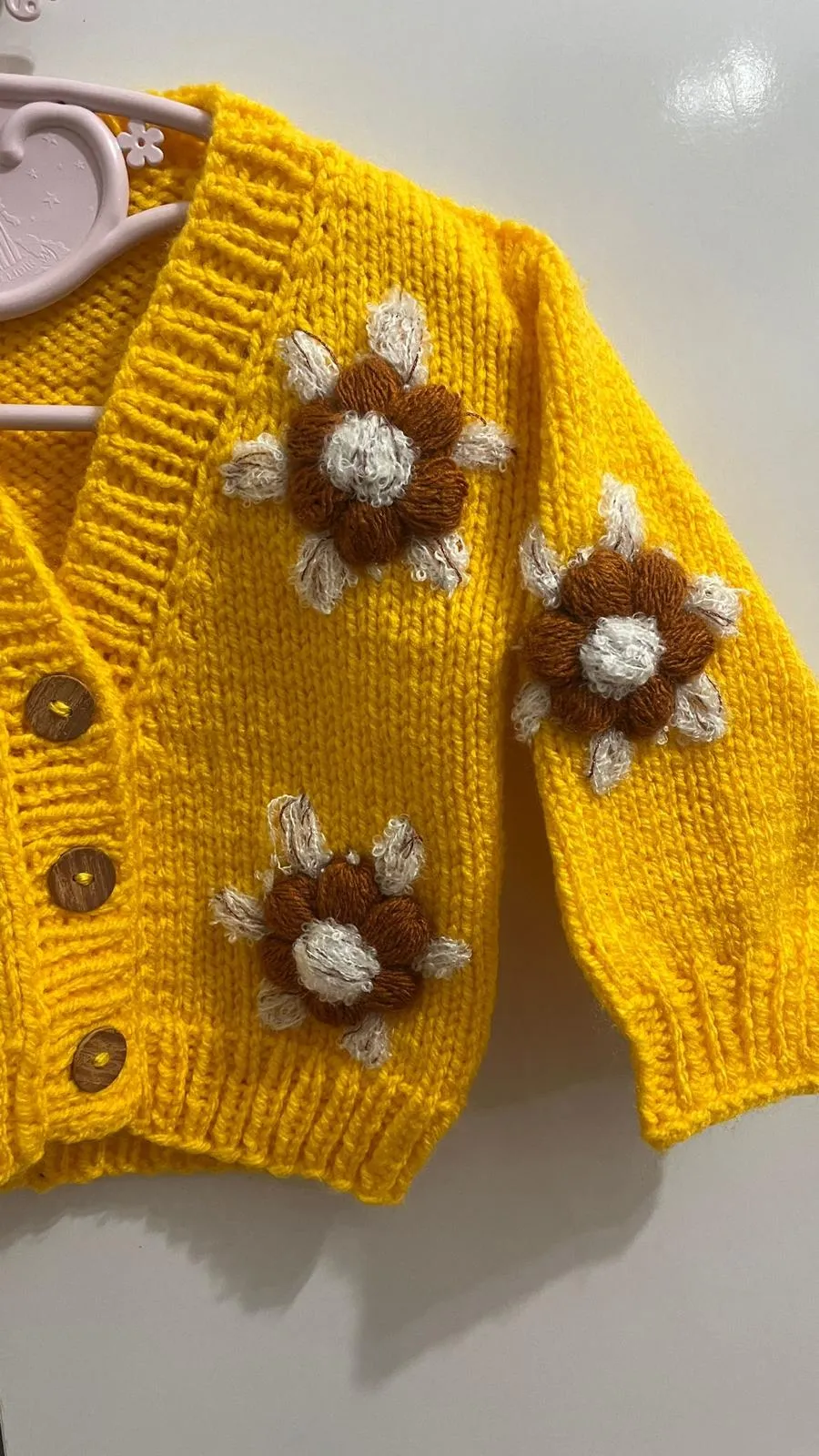Yellow Hand-Knitted Baby Cardigan with Sunflower Motif (1-2 Years Old)