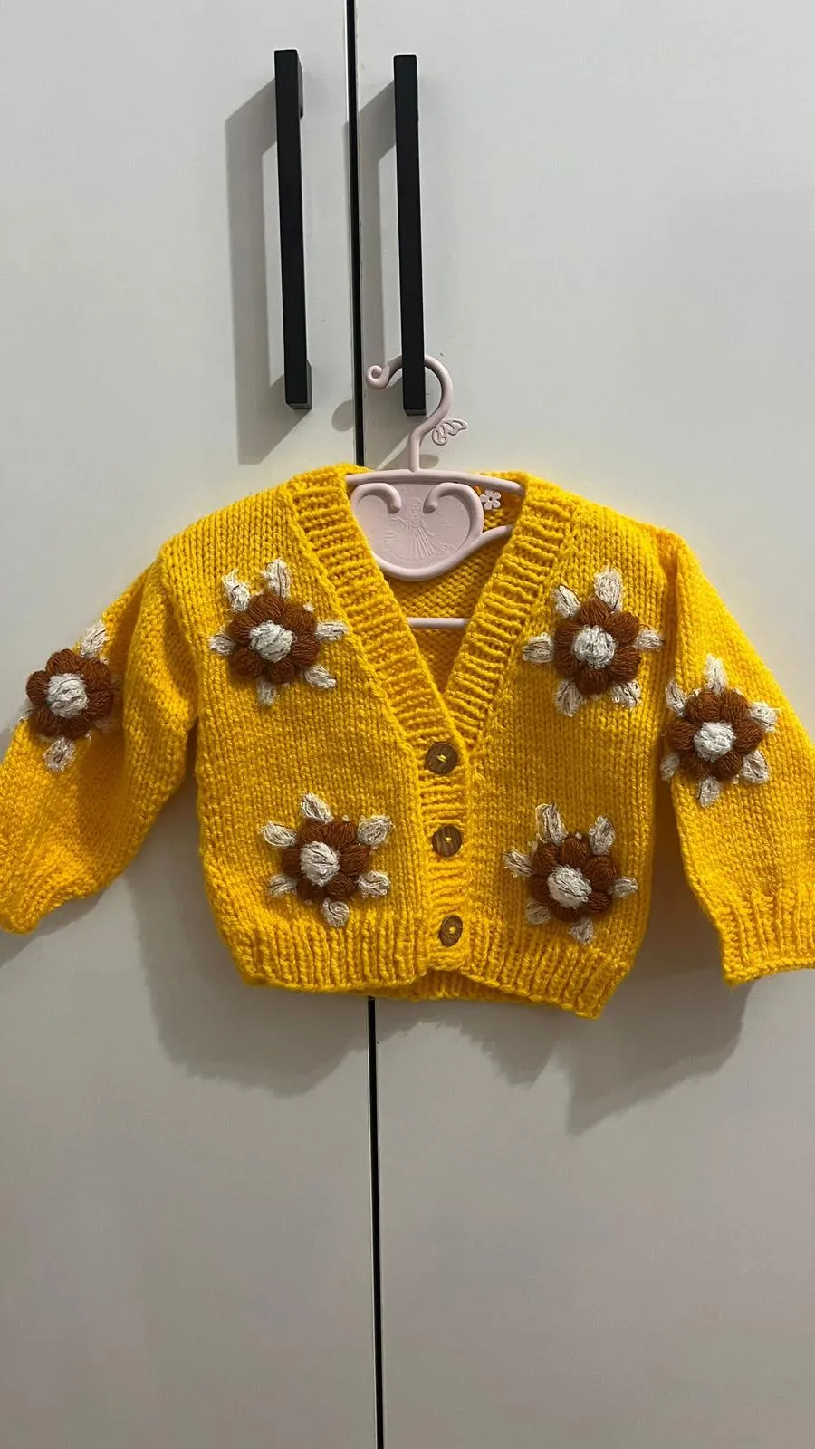 Yellow Hand-Knitted Baby Cardigan with Sunflower Motif (1-2 Years Old)