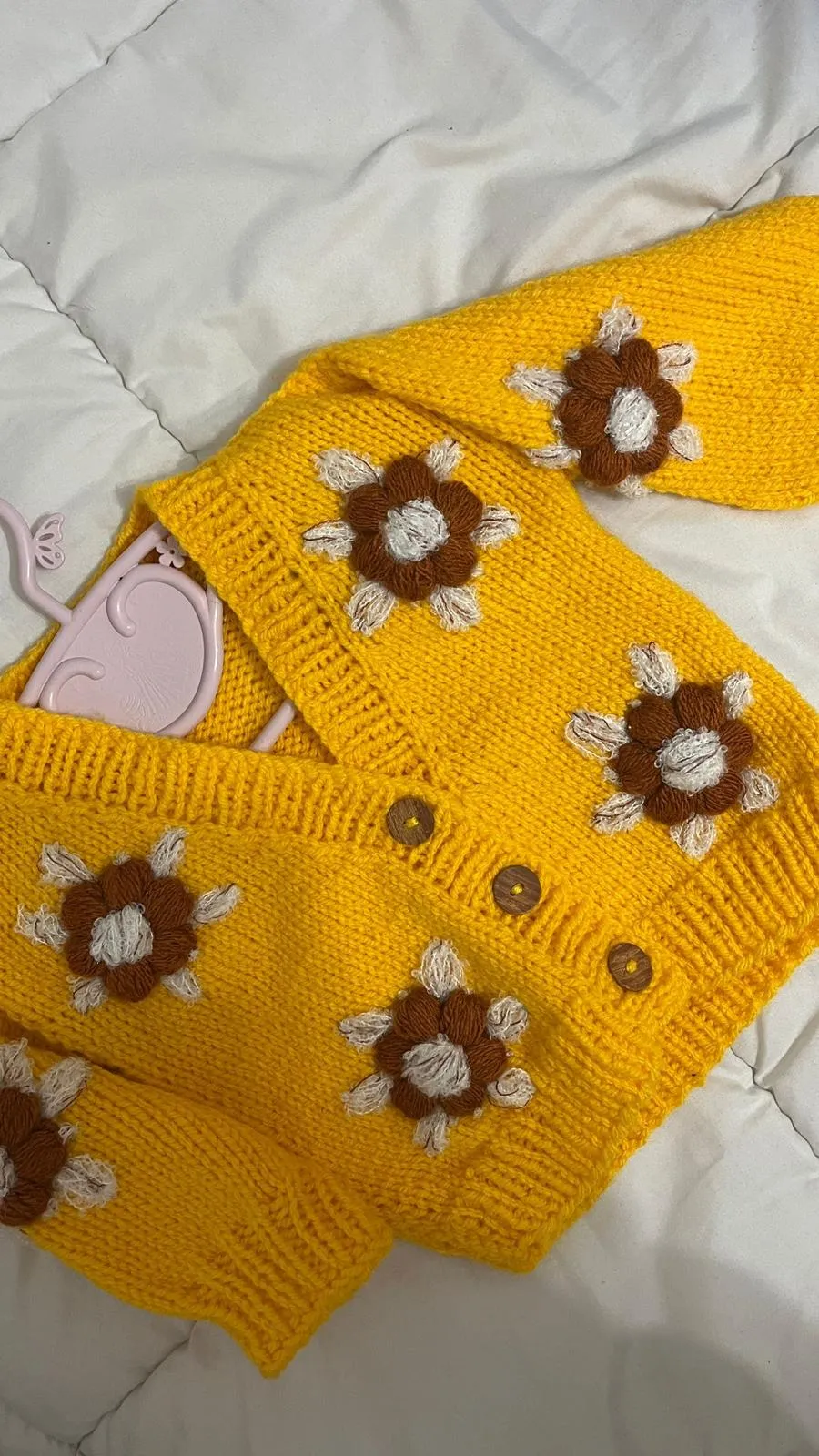 Yellow Hand-Knitted Baby Cardigan with Sunflower Motif (1-2 Years Old)