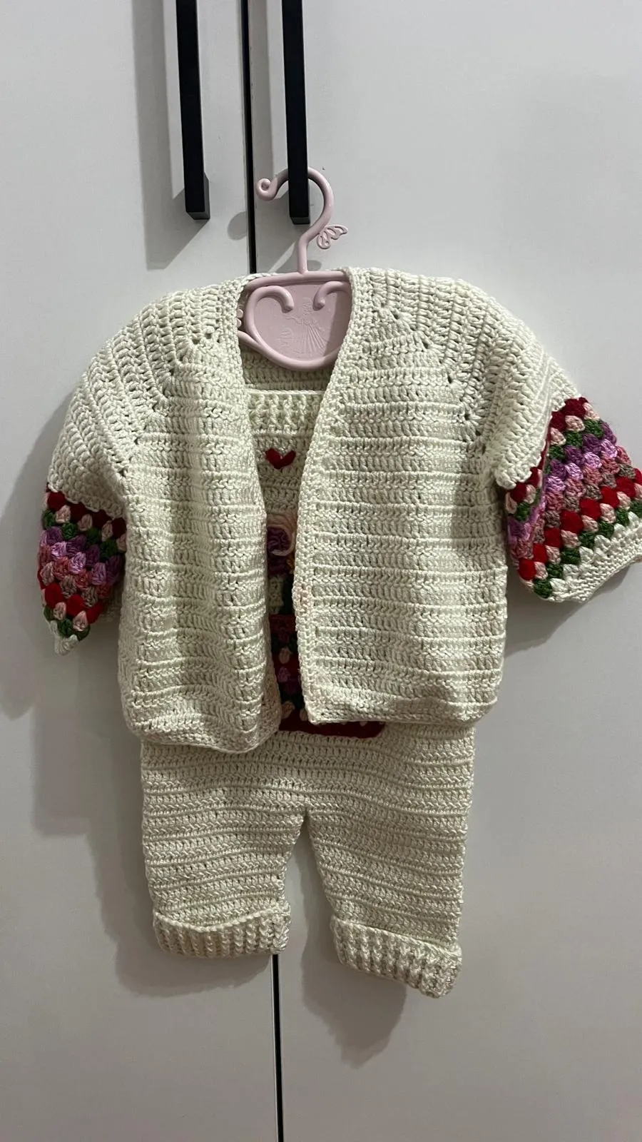 Hand Knitted Jumpsuit and Cardigan Set with Flower Basket Motif