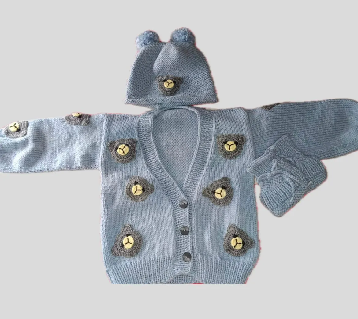 Blue Hand Knitted Baby Cardigan Set with Teddy Bear Motif (3 Pieces)