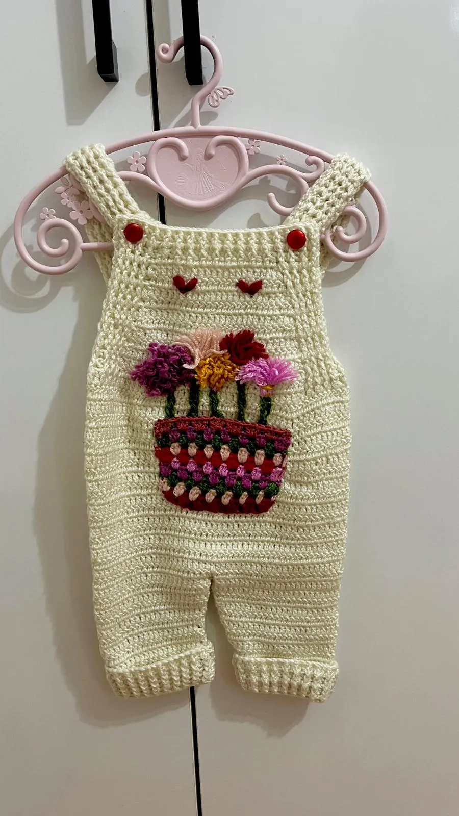 Hand Knitted Jumpsuit and Cardigan Set with Flower Basket Motif