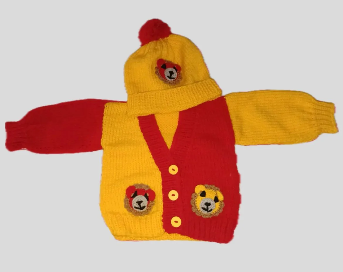 Lion Motif Red-Yellow Hand Knitted Baby Set (2 Pieces)