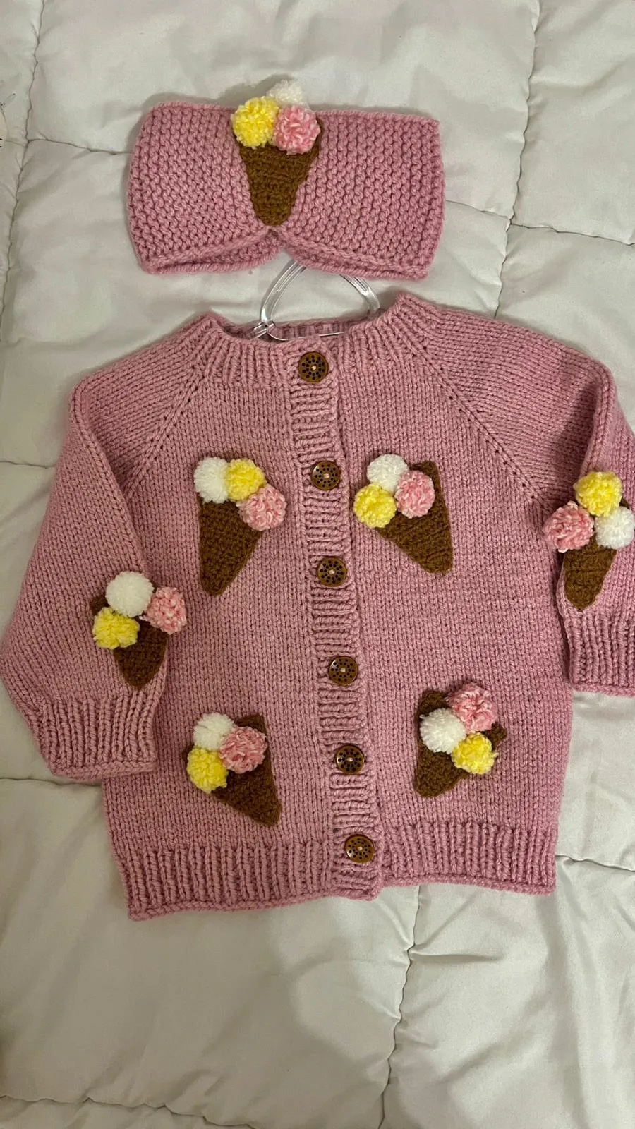 Hand Knitted Pink Cardigan and Hairband Set with Ice Cream Motif