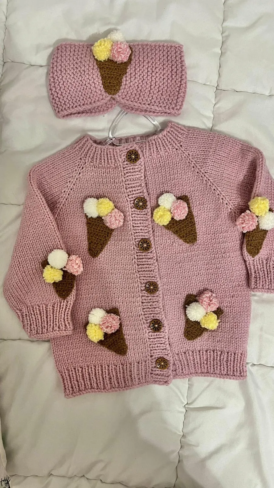 Hand Knitted Pink Cardigan and Hairband Set with Ice Cream Motif