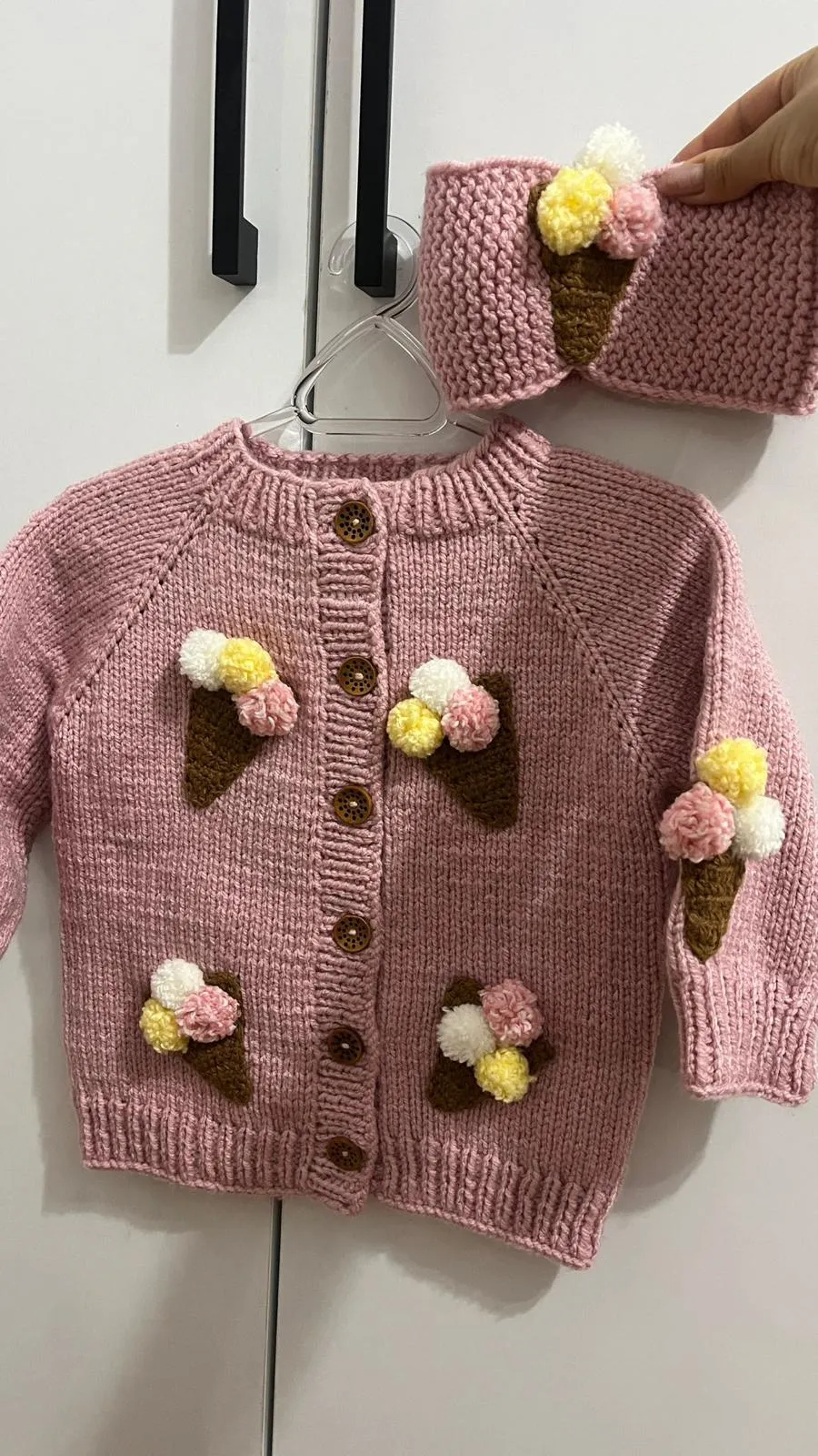 Hand Knitted Pink Cardigan and Hairband Set with Ice Cream Motif