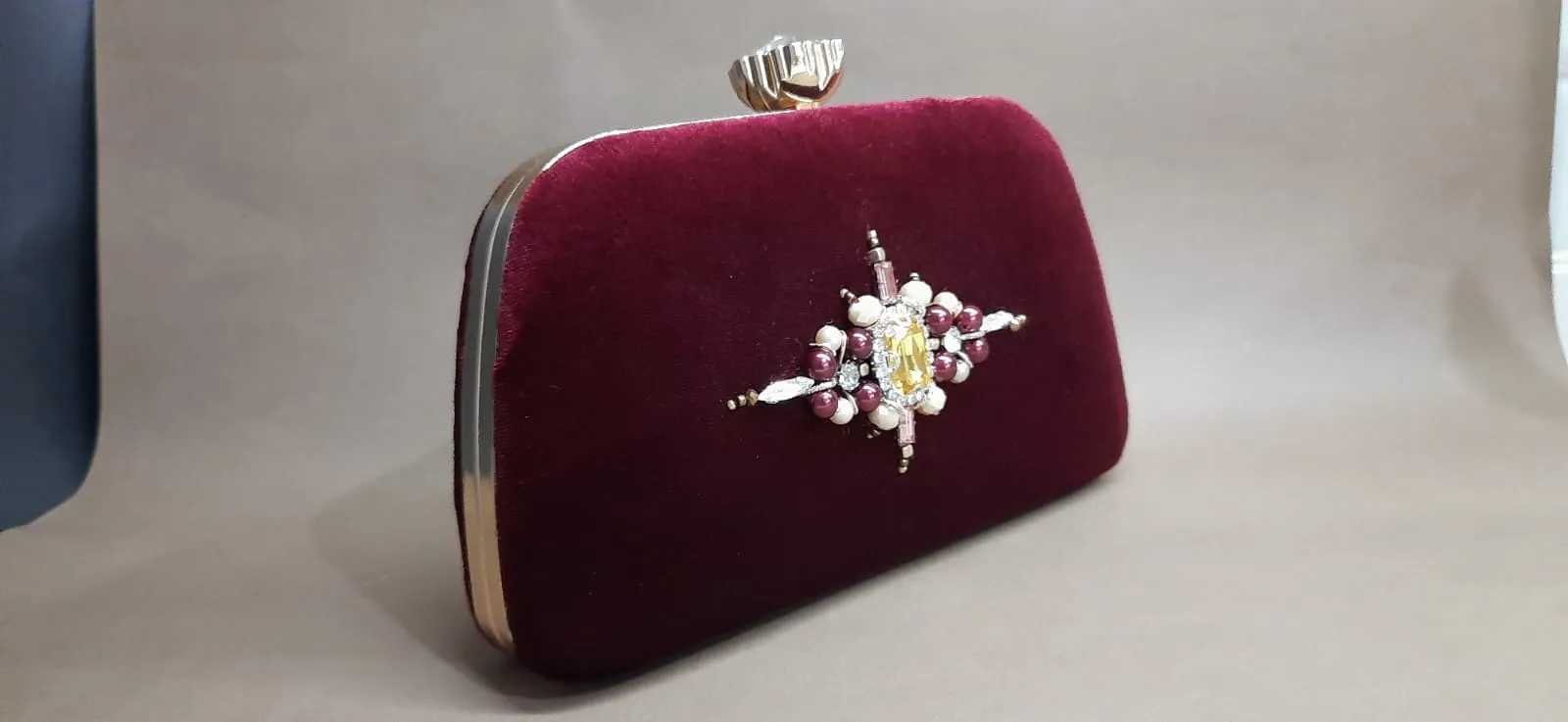 Burgundy Velvet Stone Detailed Bag