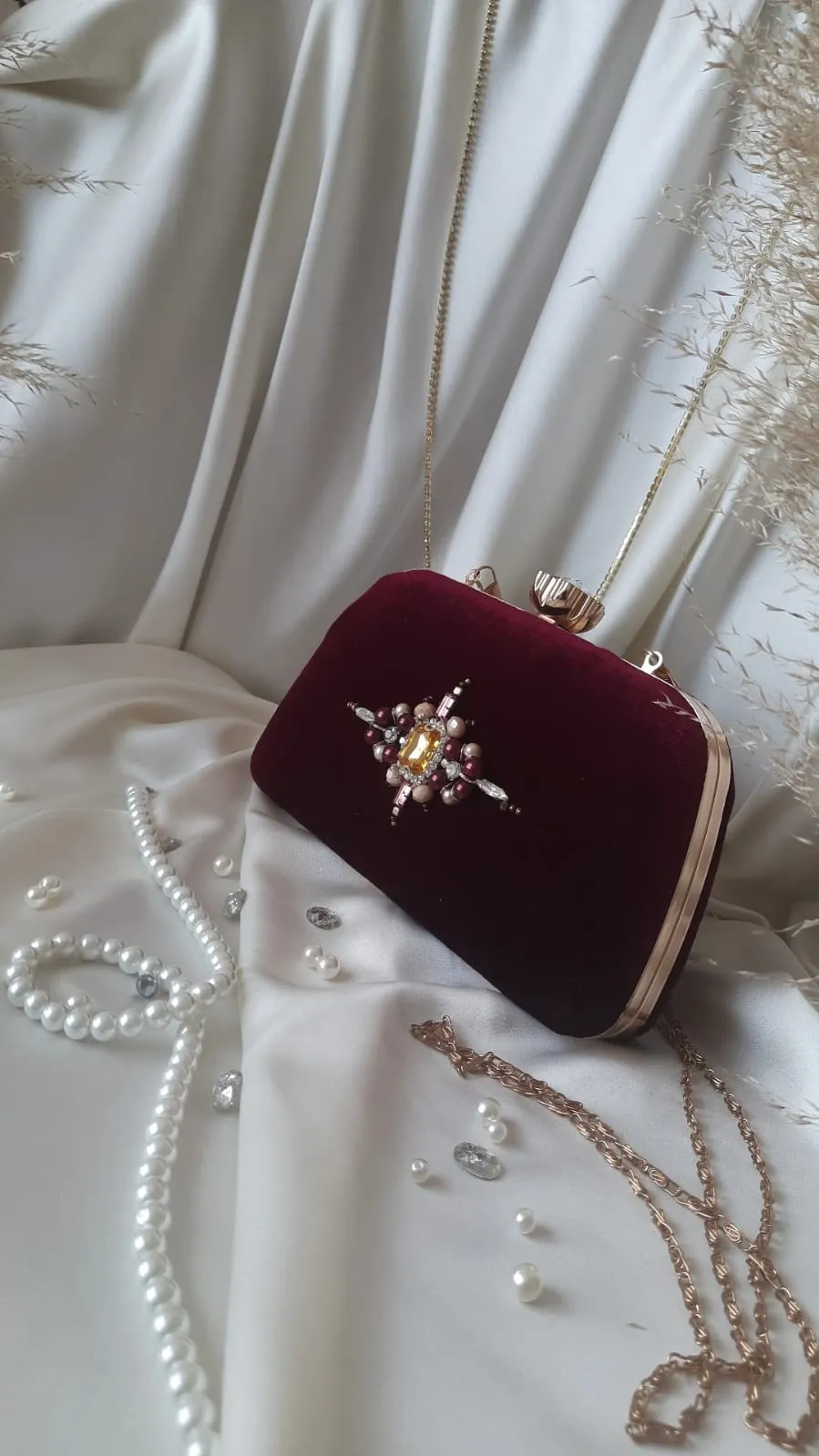Burgundy Velvet Stone Detailed Bag