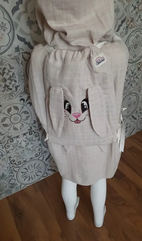 Double Layer Muslin Fabric Rabbit Embroidered Poncho (With Bag)