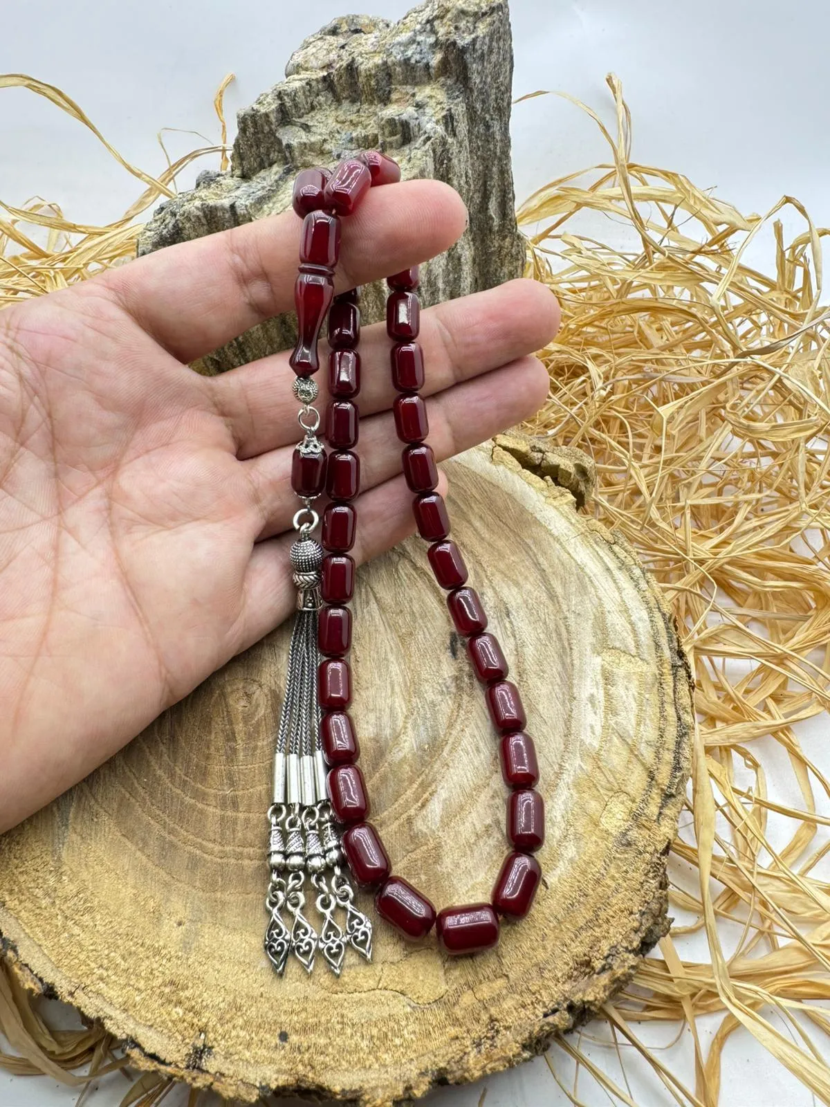 Bordo Renk Ateş Kehribar Kapsül Kesim Tesbih 