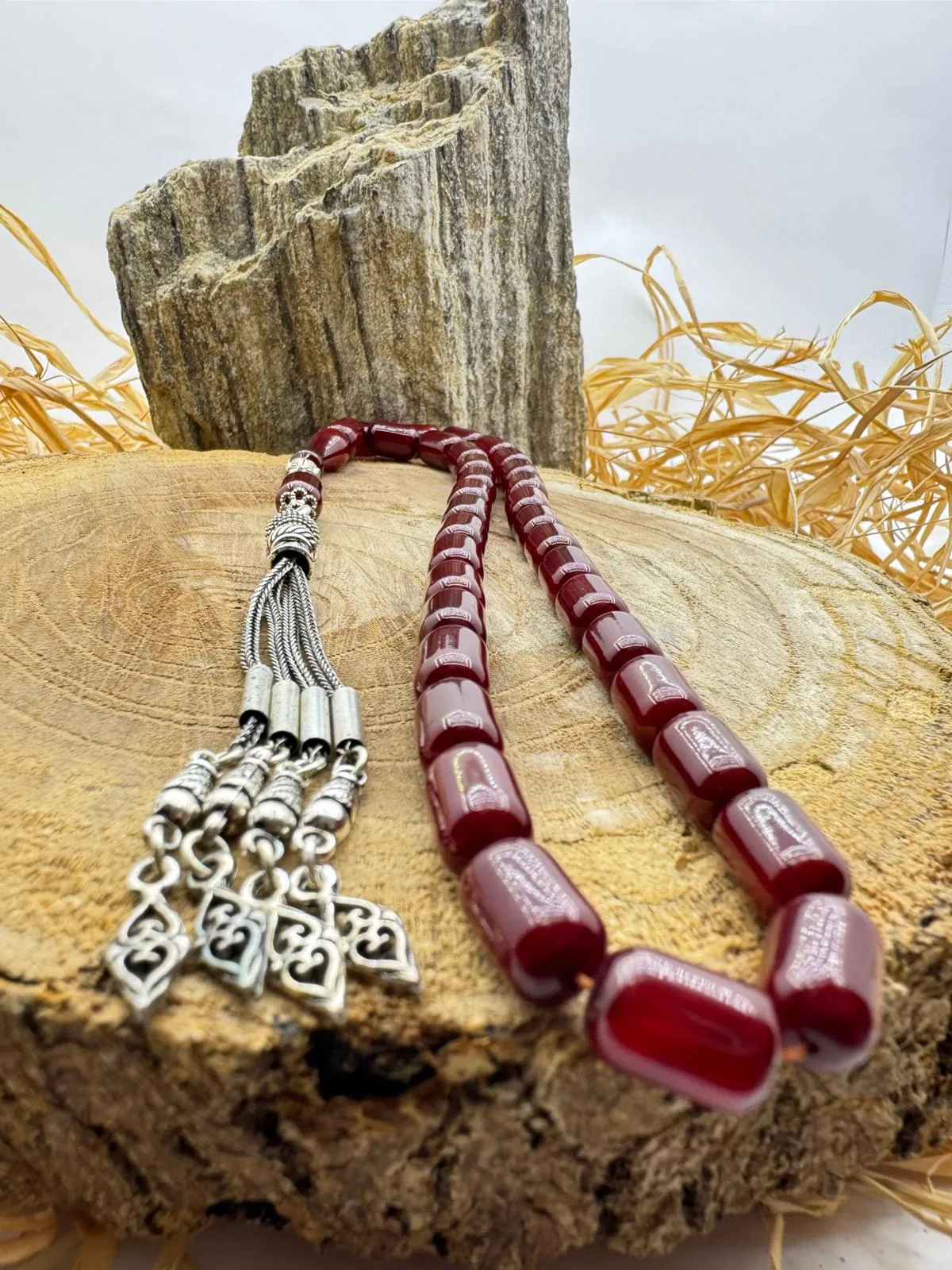 Bordo Renk Ateş Kehribar Kapsül Kesim Tesbih 