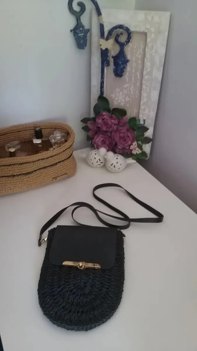 Straw Phone Bag with Leather Cover and Strap
