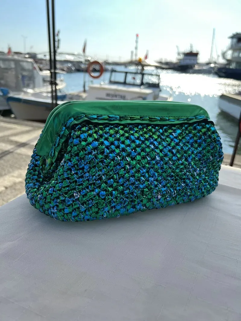 Turquoise Metallic Rope Clutch Bag