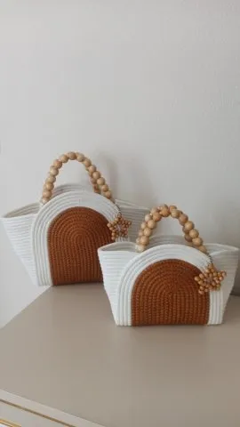 Macrame Bag Set – 2-Piece Mother and Daughter Set with Wicker Detail and Wooden Handles