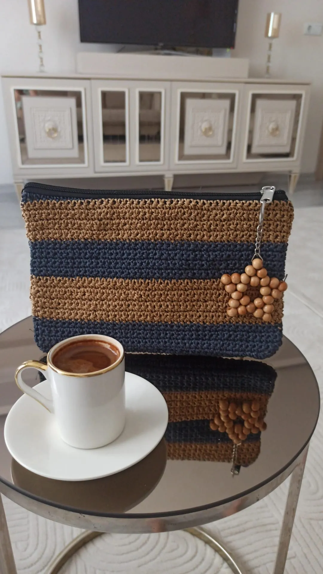 Handmade Wicker Clutch Bag – Navy Blue & Natural Color, Wooden Accessory