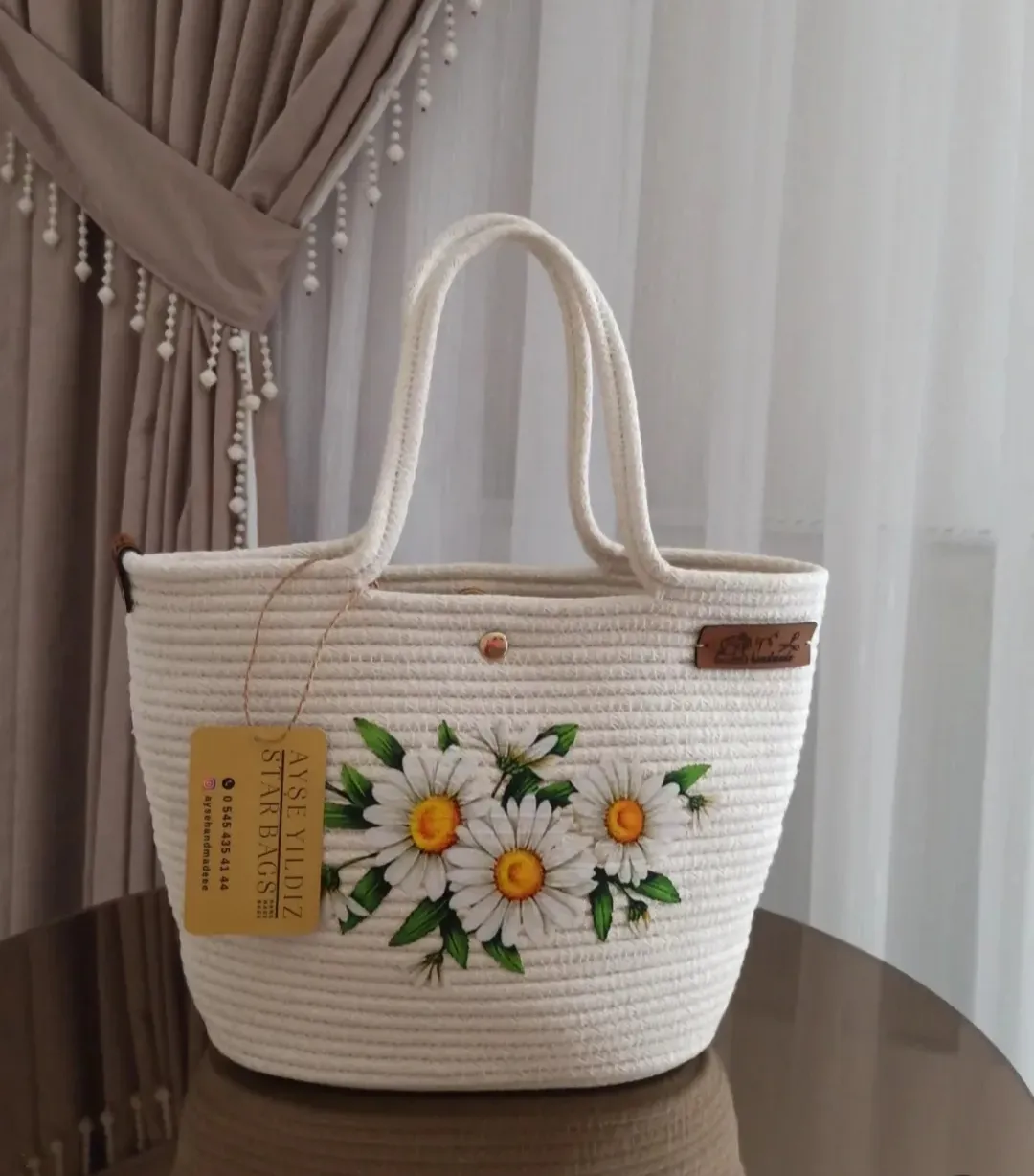 Macrame Bag – Natural Color, Handmade Daisy Patterned Bag with Hand Painted Details