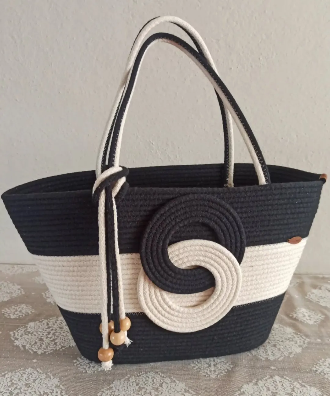 Macrame Bag – Handmade with Black and White Ring Detail