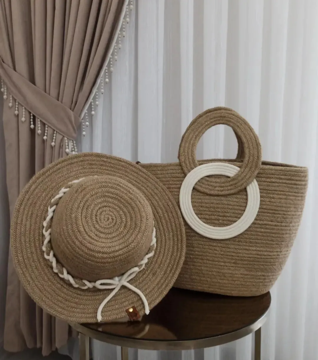 Handmade Straw Bag & Hat Set – Natural Jute and White Detailed 2-Piece Combination