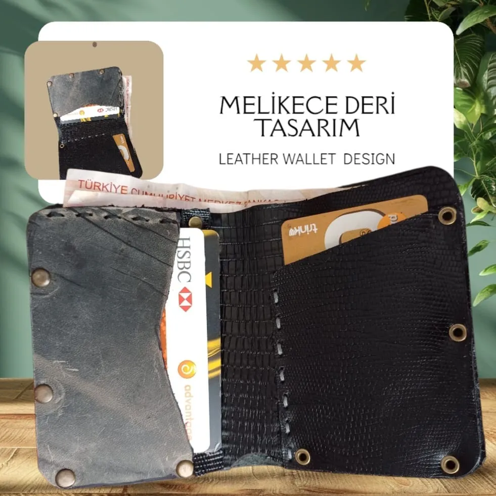 Handmade Leather Card Holder – Black Crocodile Texture & Anthracite Cover Design
