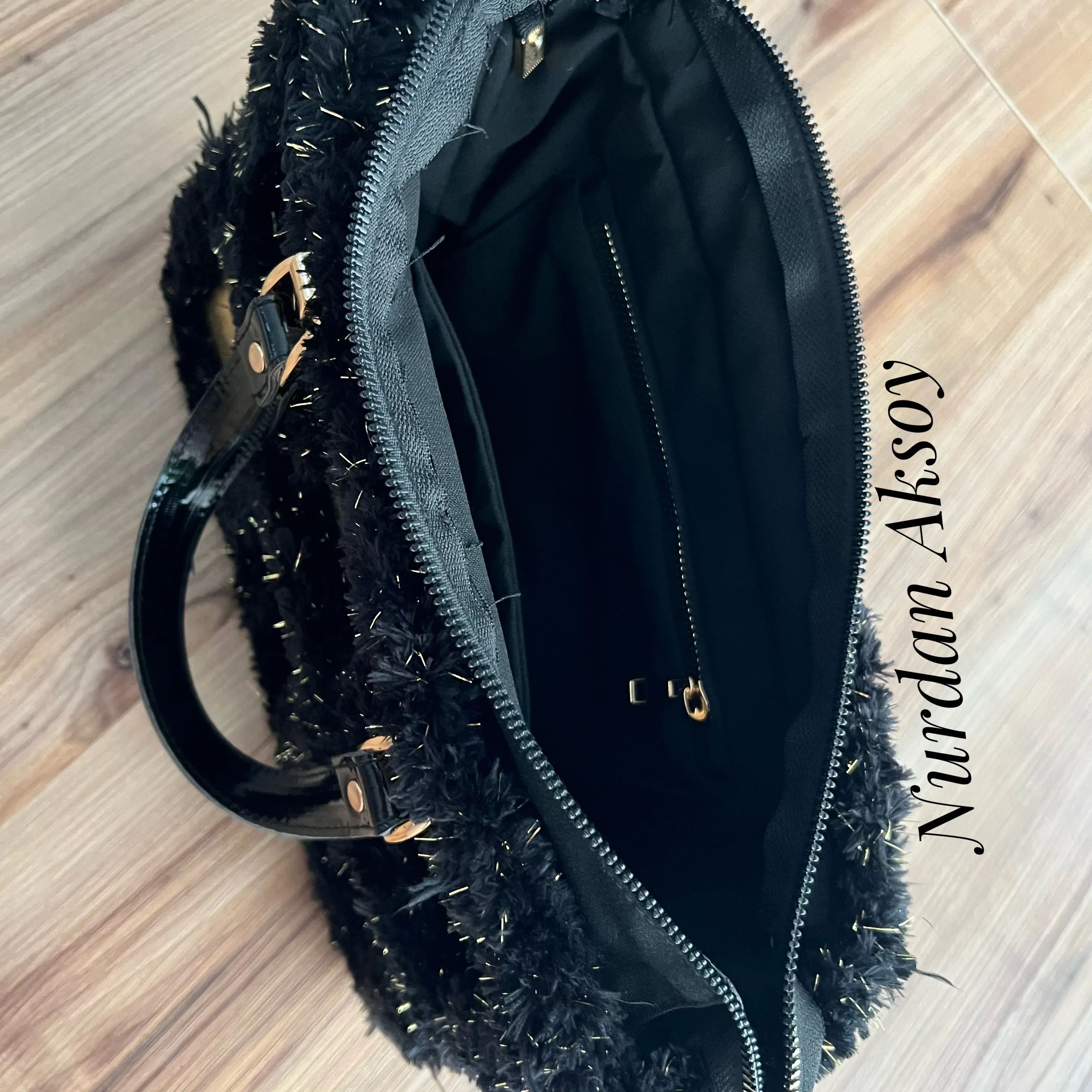 Stylish bag with handmade square leather motifs