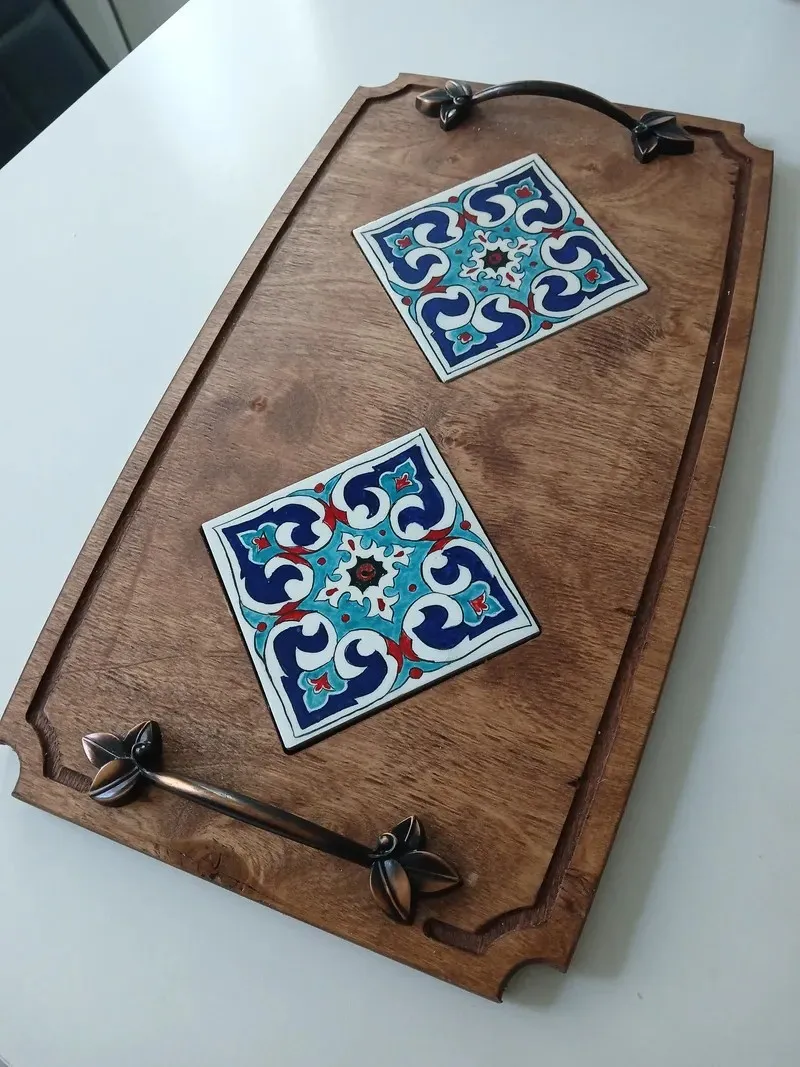 Wooden Serving Tray with Tile Decoration