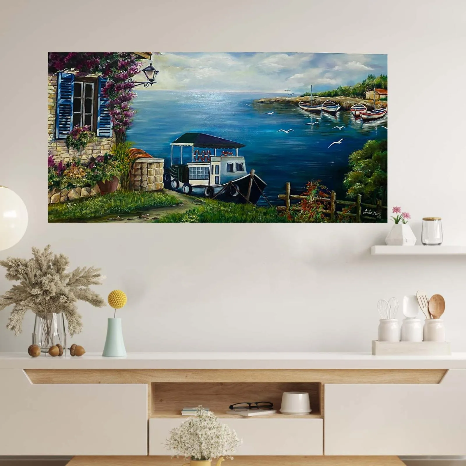 Oil Painting with a View of the Seaside and a Boat