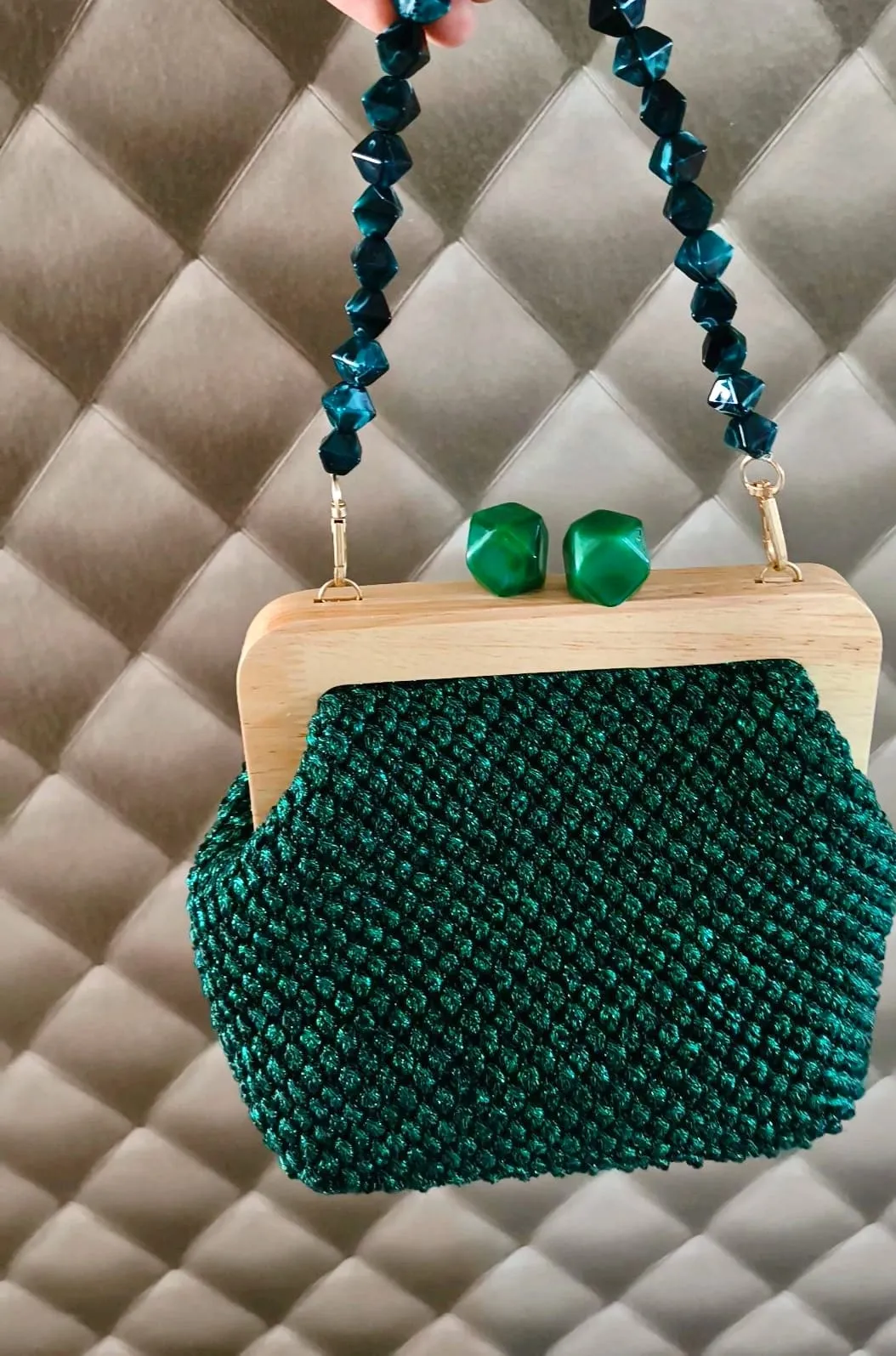 Emerald Green Wooden Scholarship Bag with Beaded Handles