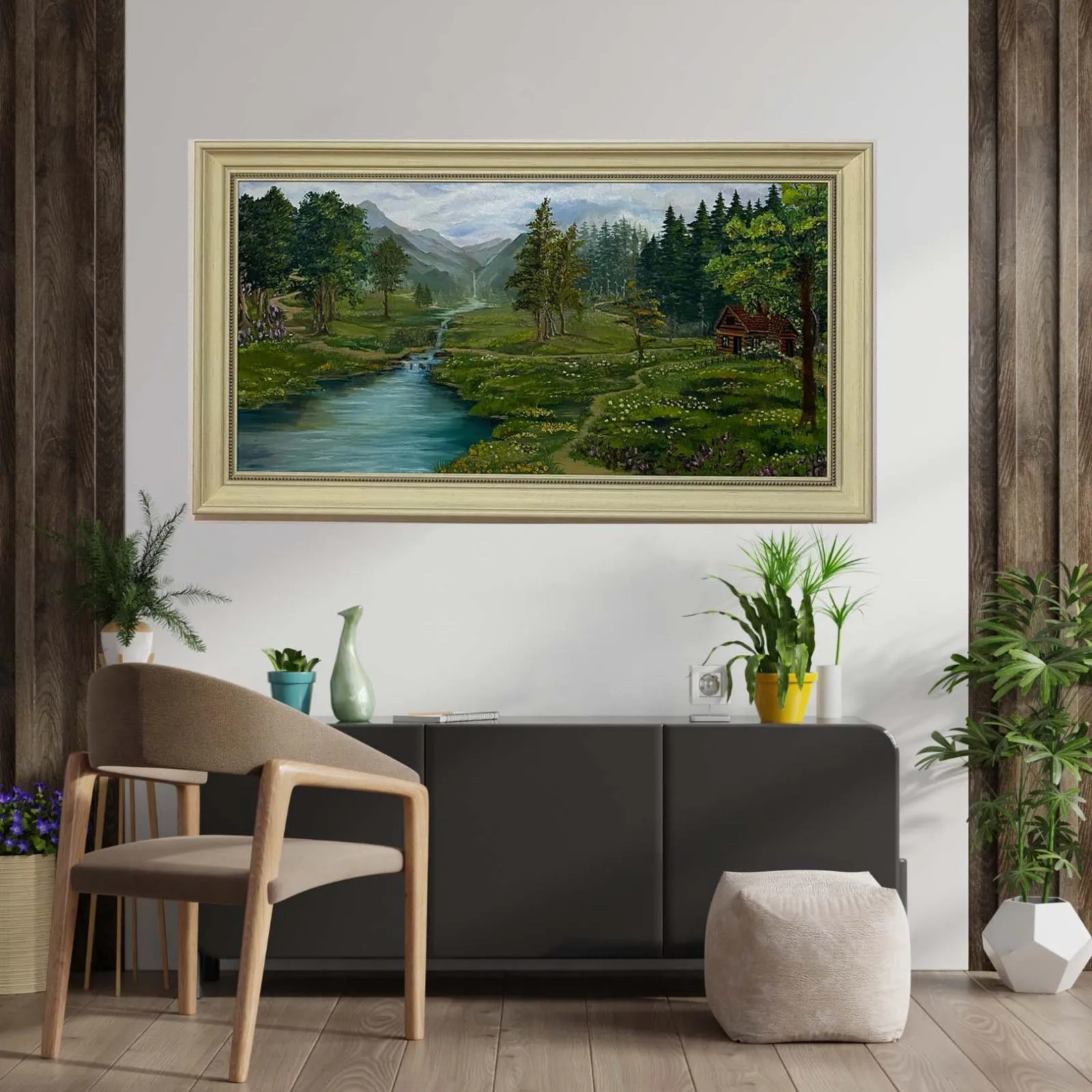 Handmade Oil Painting with Forest and Mountain Views
