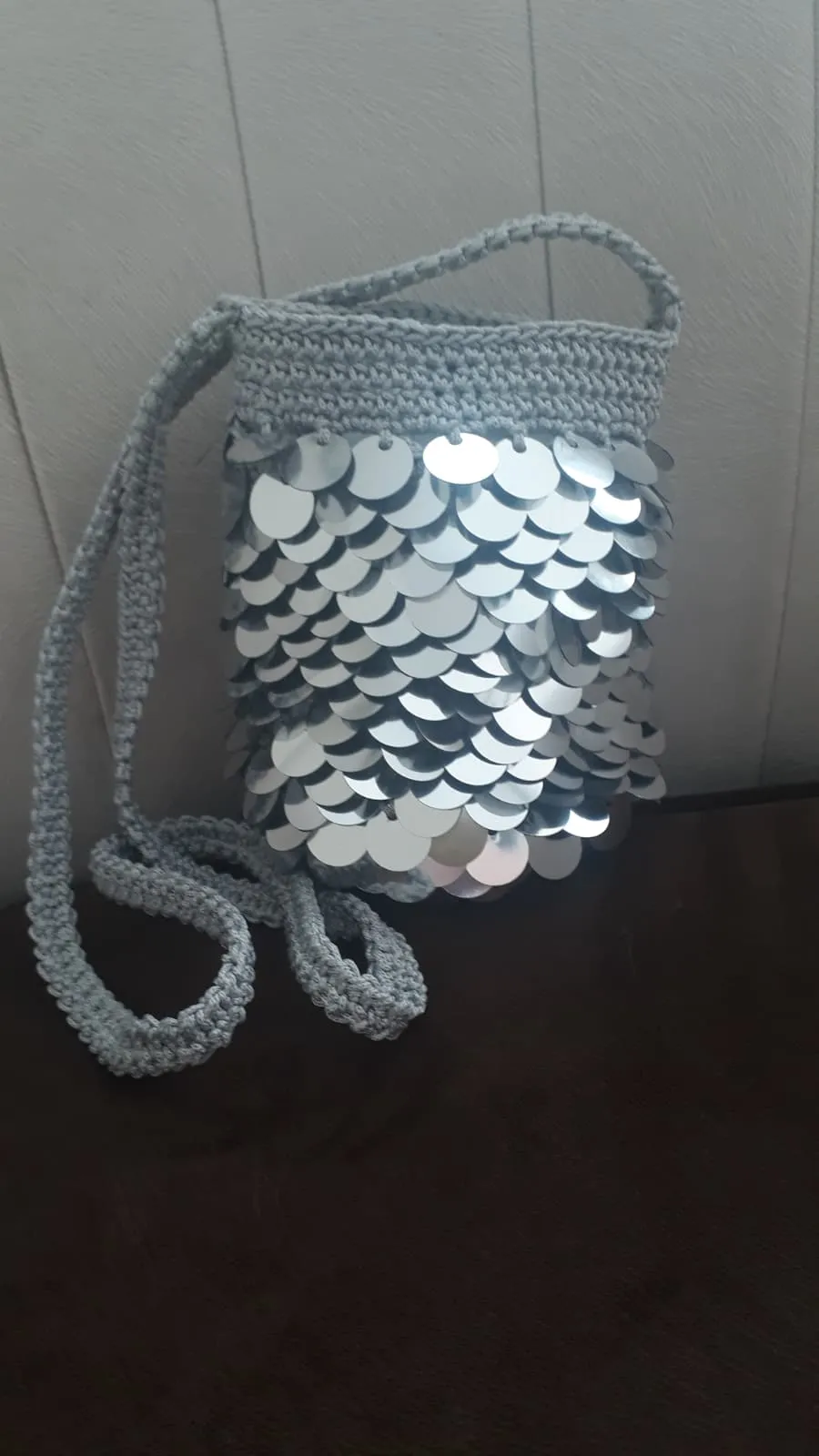 Hand Knitted Sequined Bag in Gray