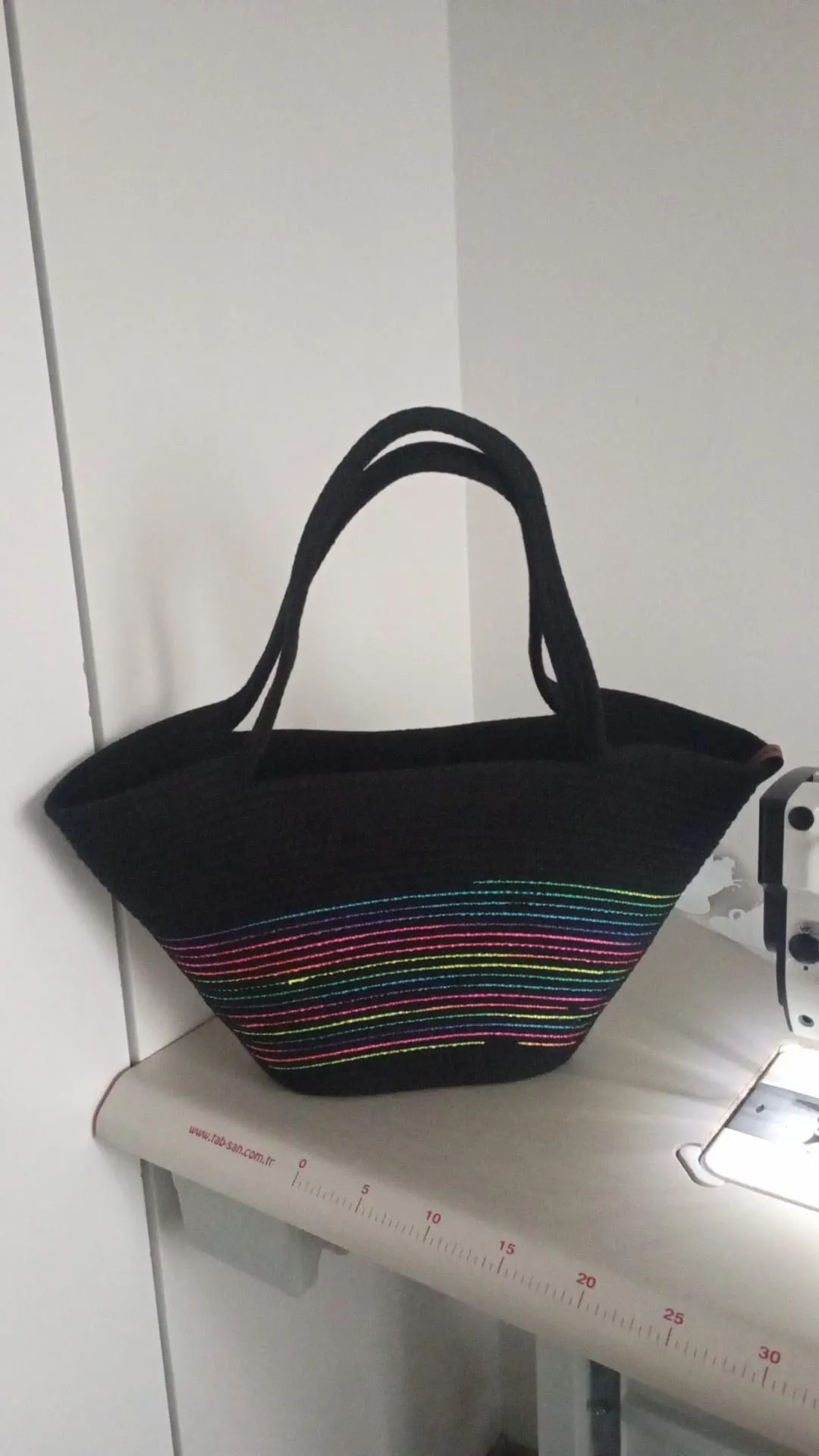 Handmade Black Knitted Bag | Modern Design with Colorful Stripes