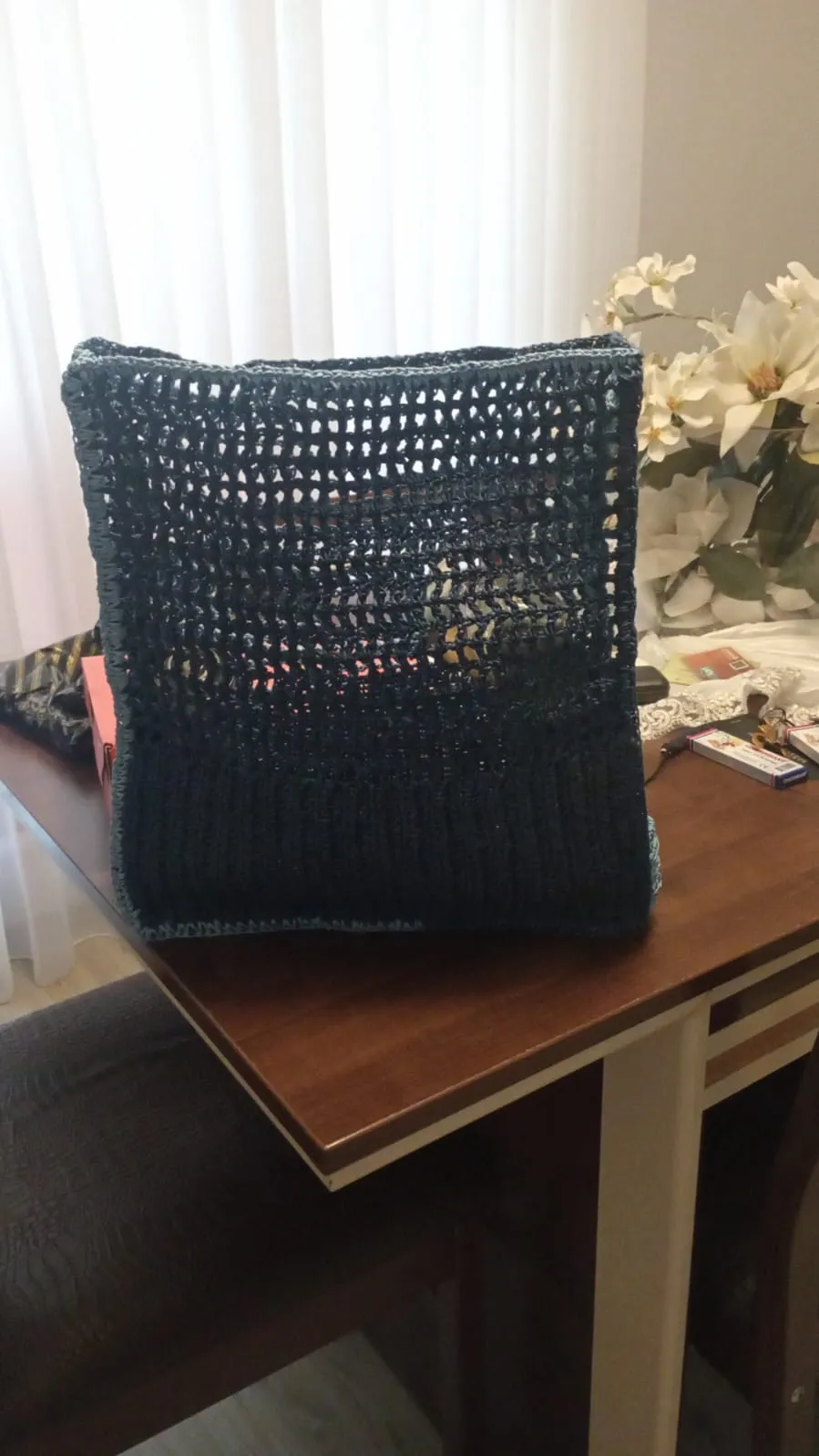 Handmade Navy Blue Knitted Market and Beach Bag – Large Mesh Tote Model