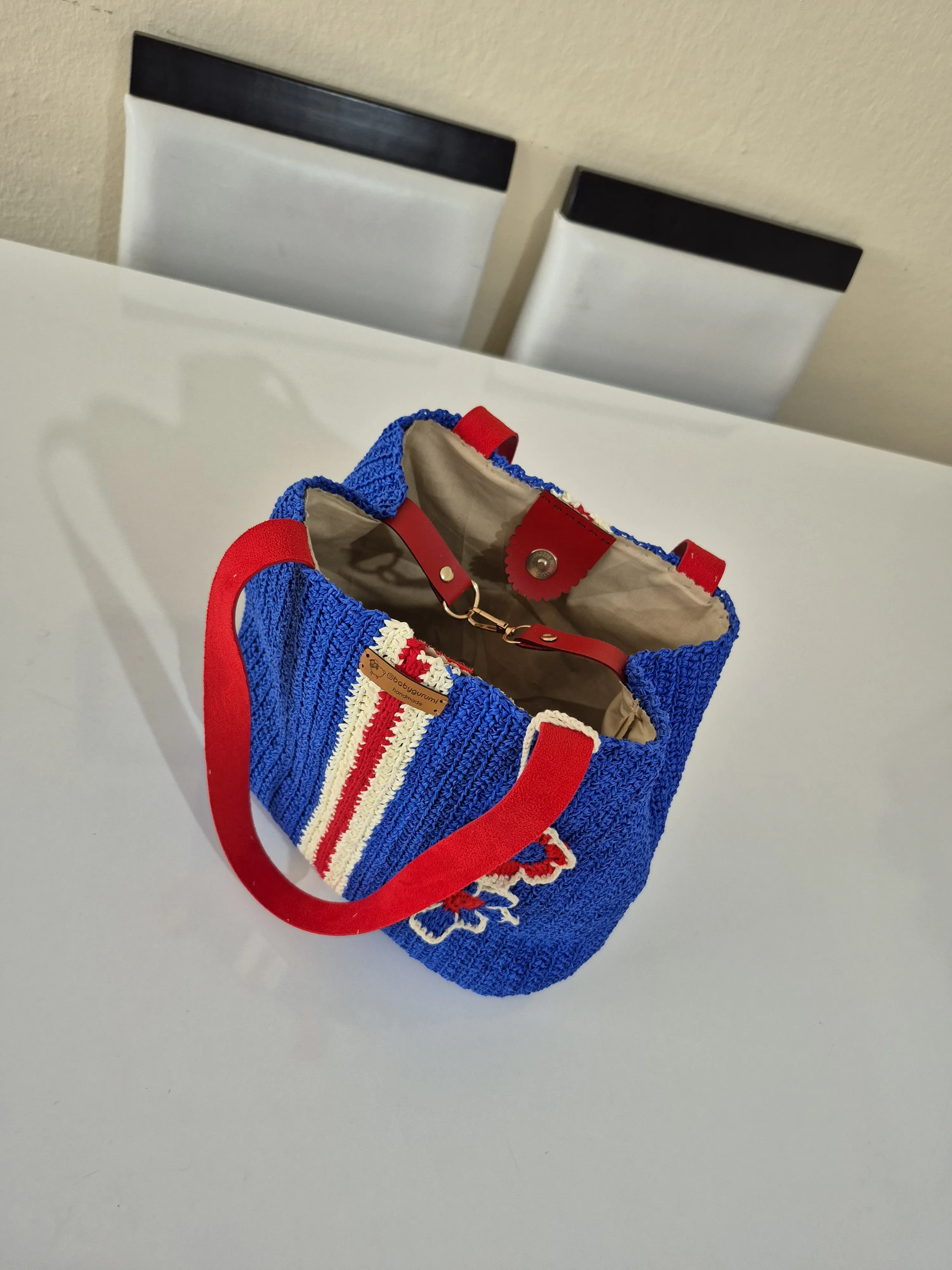 Handmade Blue Knitted Bag with Lining – Shoulder Strap