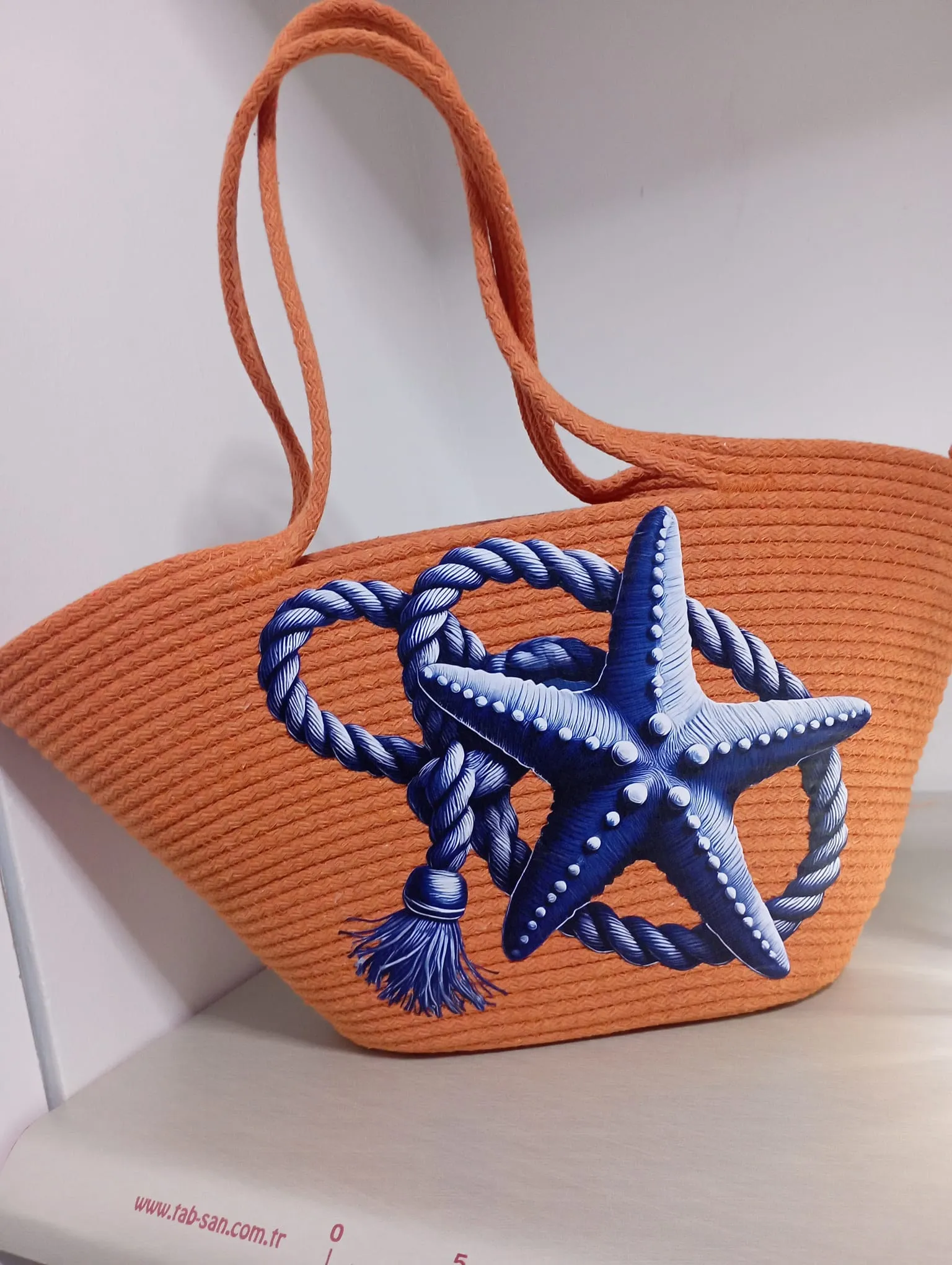 Orange Handmade Knitted Beach Bag | Blue Starfish and Rope Pattern