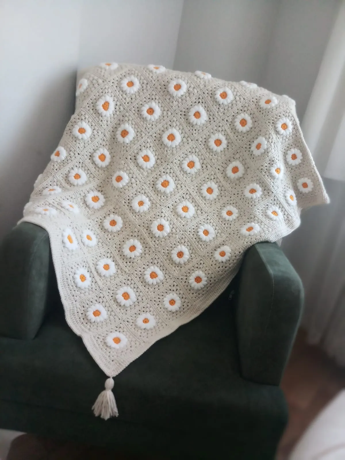 Daisy Motif Hand Knitted TV Blanket