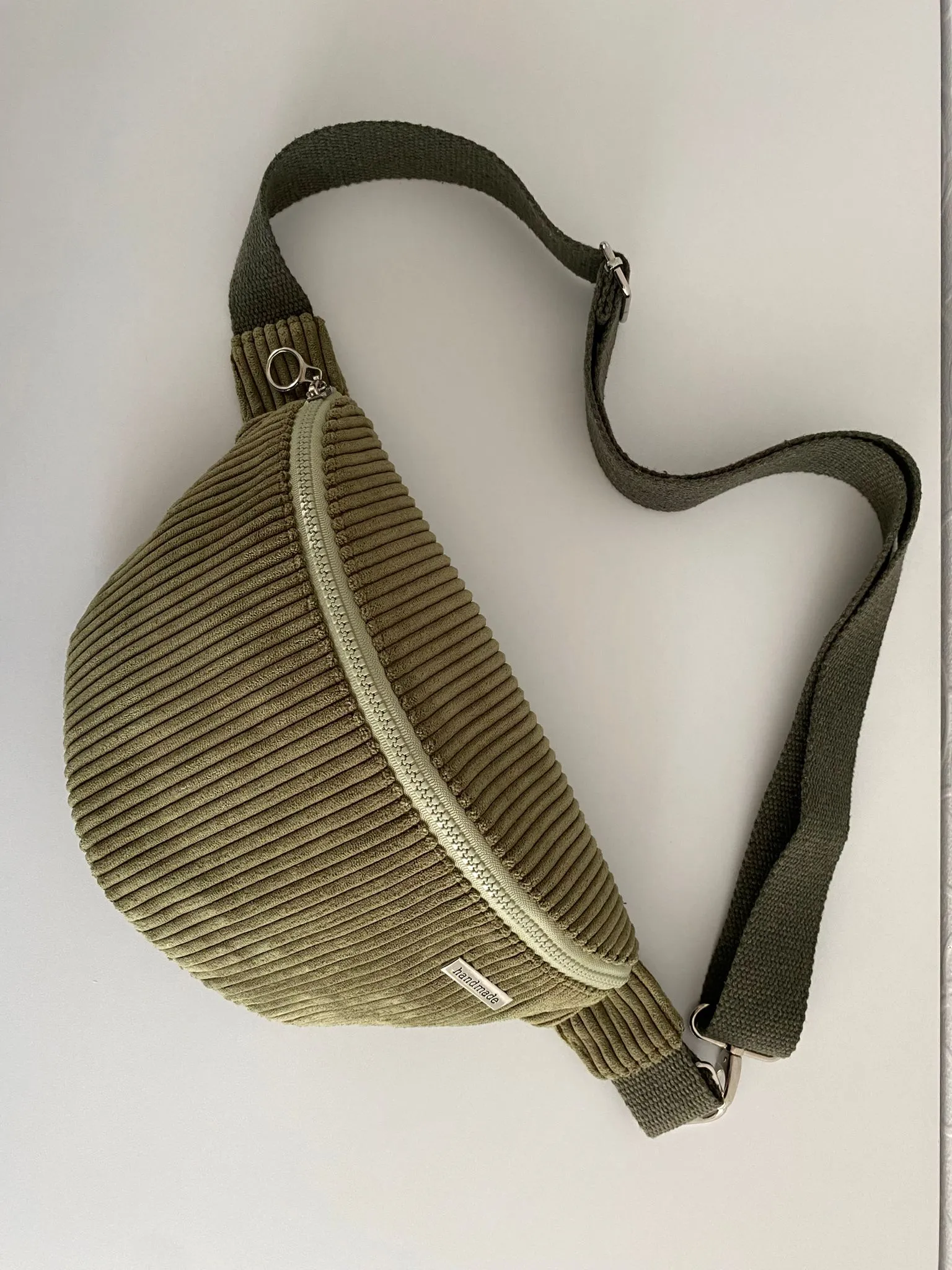 El Yapımı Haki Fitilli Kadife Kumaş Bel ve Omuz Çantası