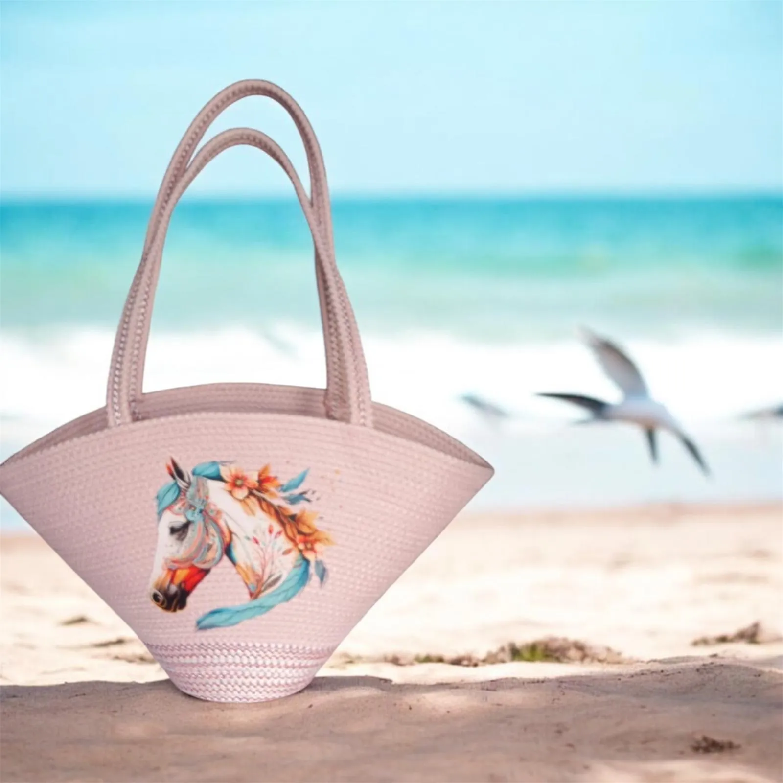 Powder Color Special Design Horse Figured Straw Beach Bag