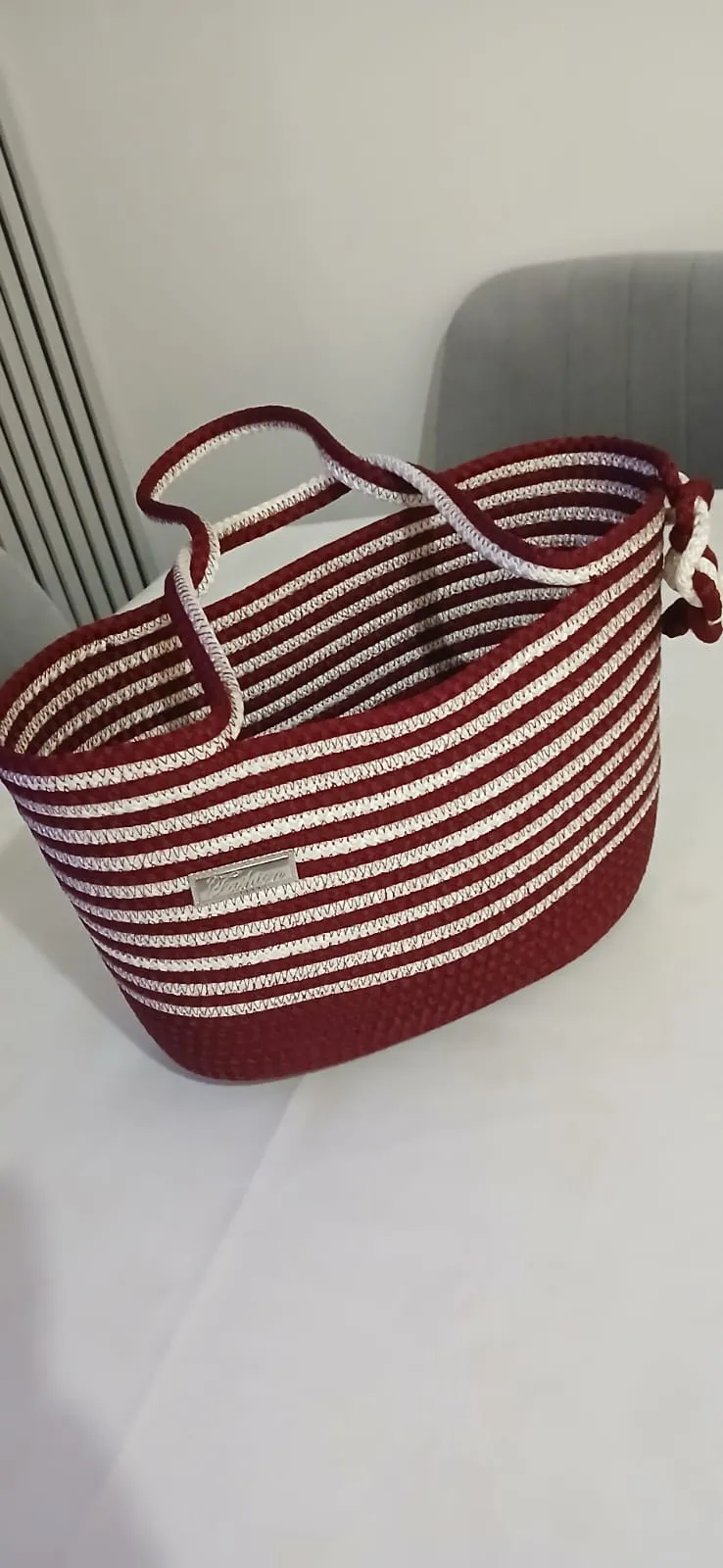 Burgundy Cream Striped Large Handbag
