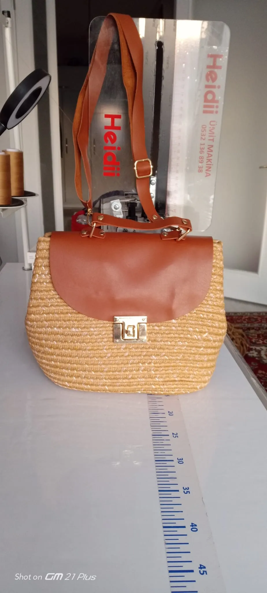 Leather Flap Straw Shoulder Bag