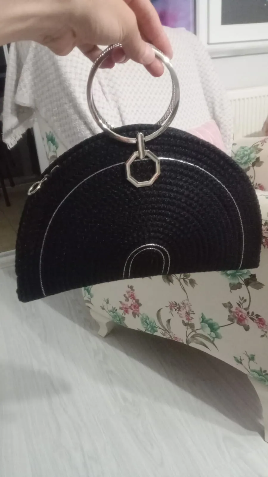 Silver Handle Black Clutch Bag – Handmade Model with Flush Detail and Zipper