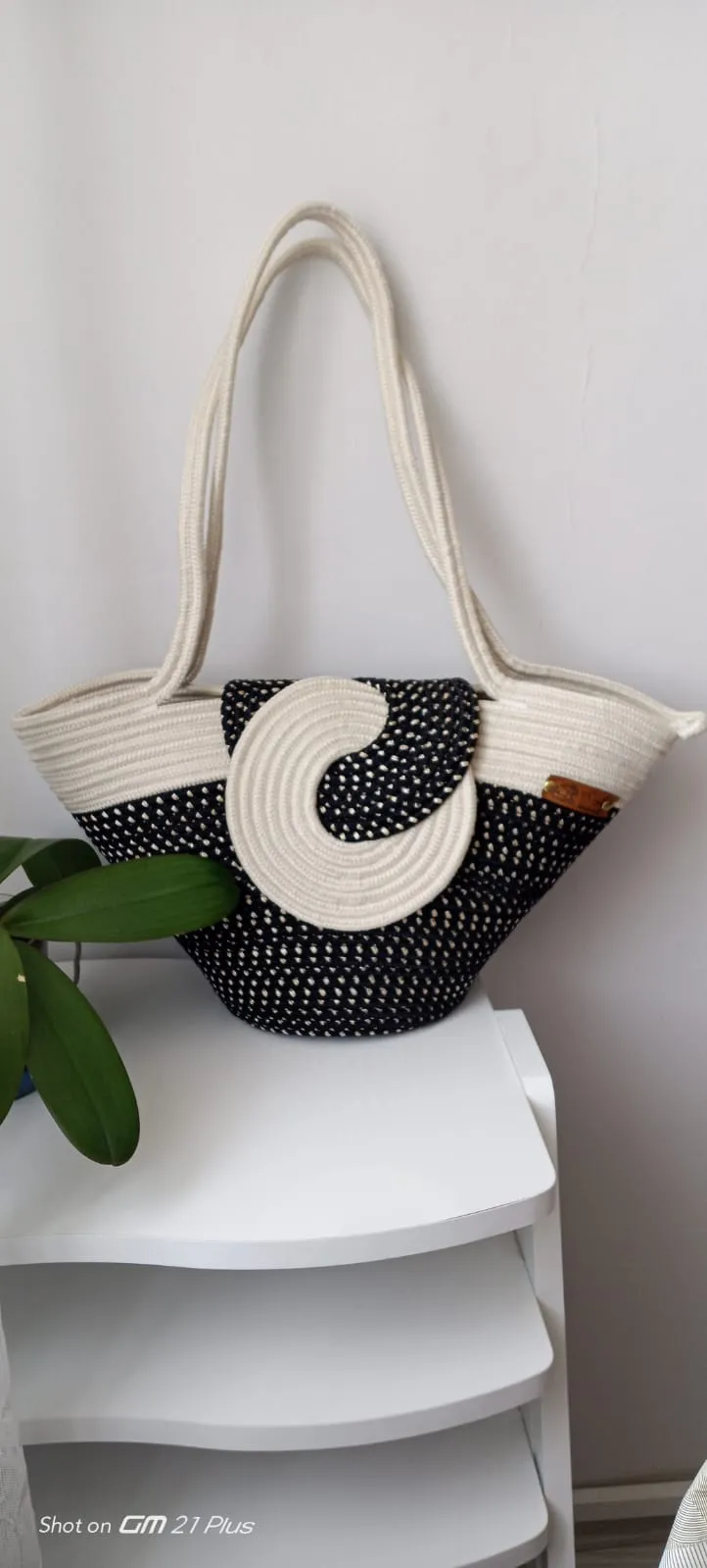 Black and Cream Spiral Flap Shoulder Bag – Handmade Large Size