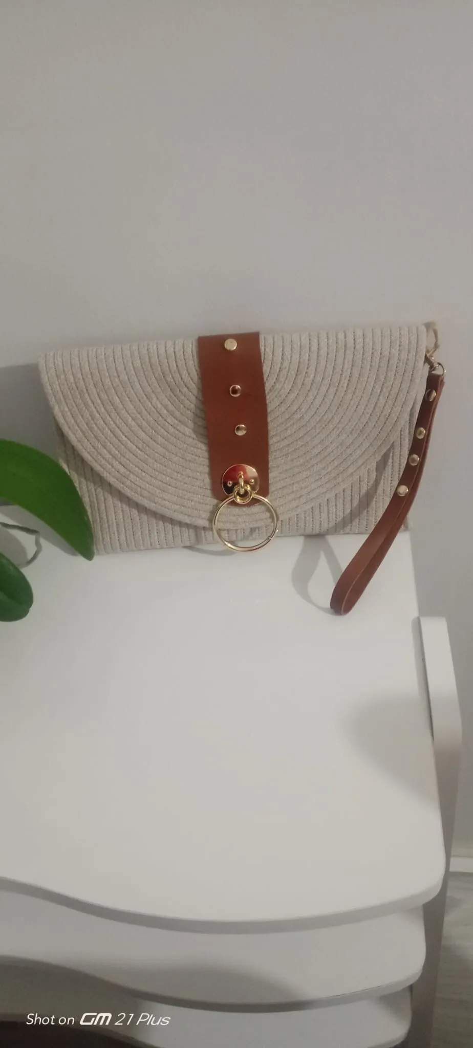 Beige Colored Brown Detailed Women's Clutch Bag
