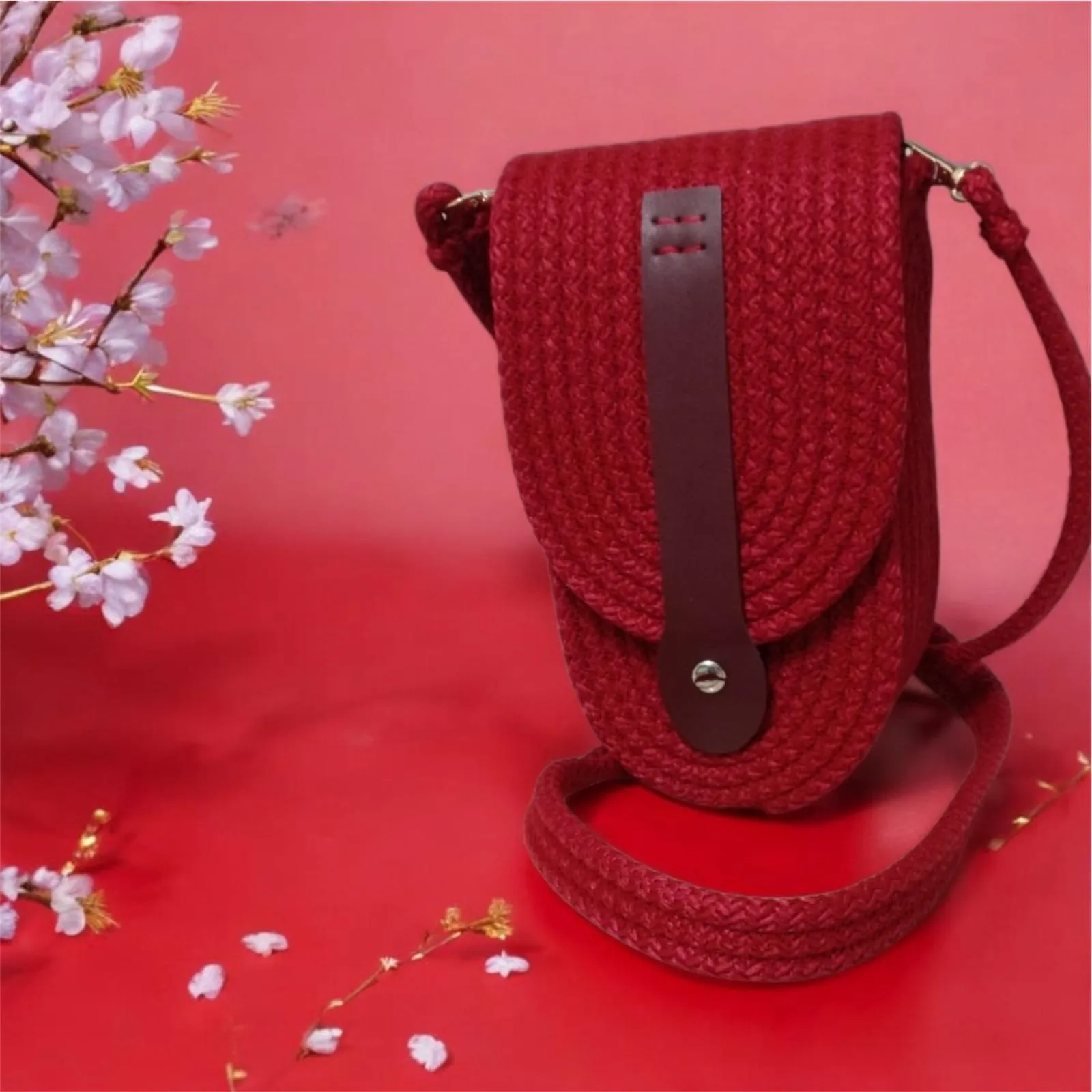 Handmade Knitted Phone Bag - Large Volume, Leather Cover Design