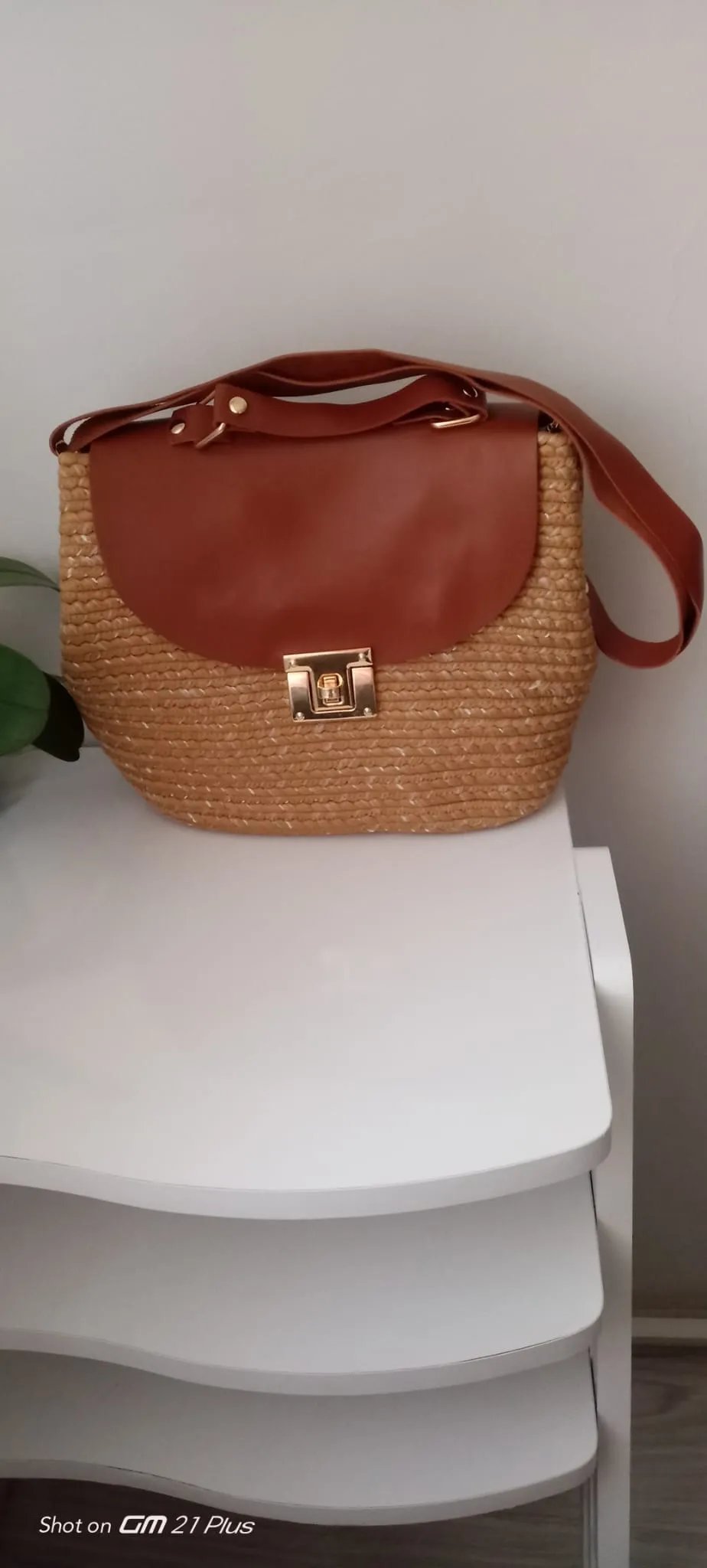 Leather Flap Straw Shoulder Bag