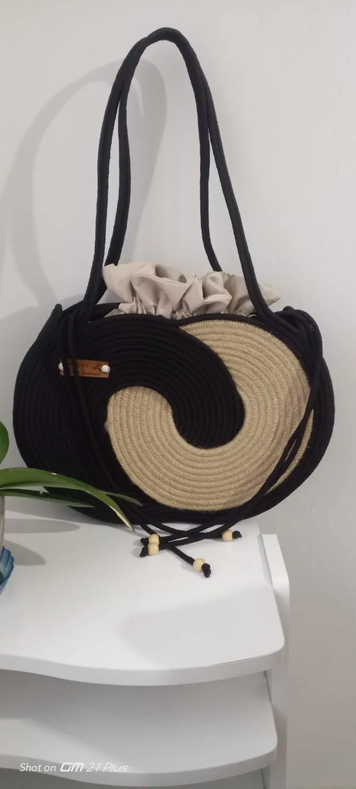 Black Straw Infinity Shoulder Bag - Large Size with Bag Lining