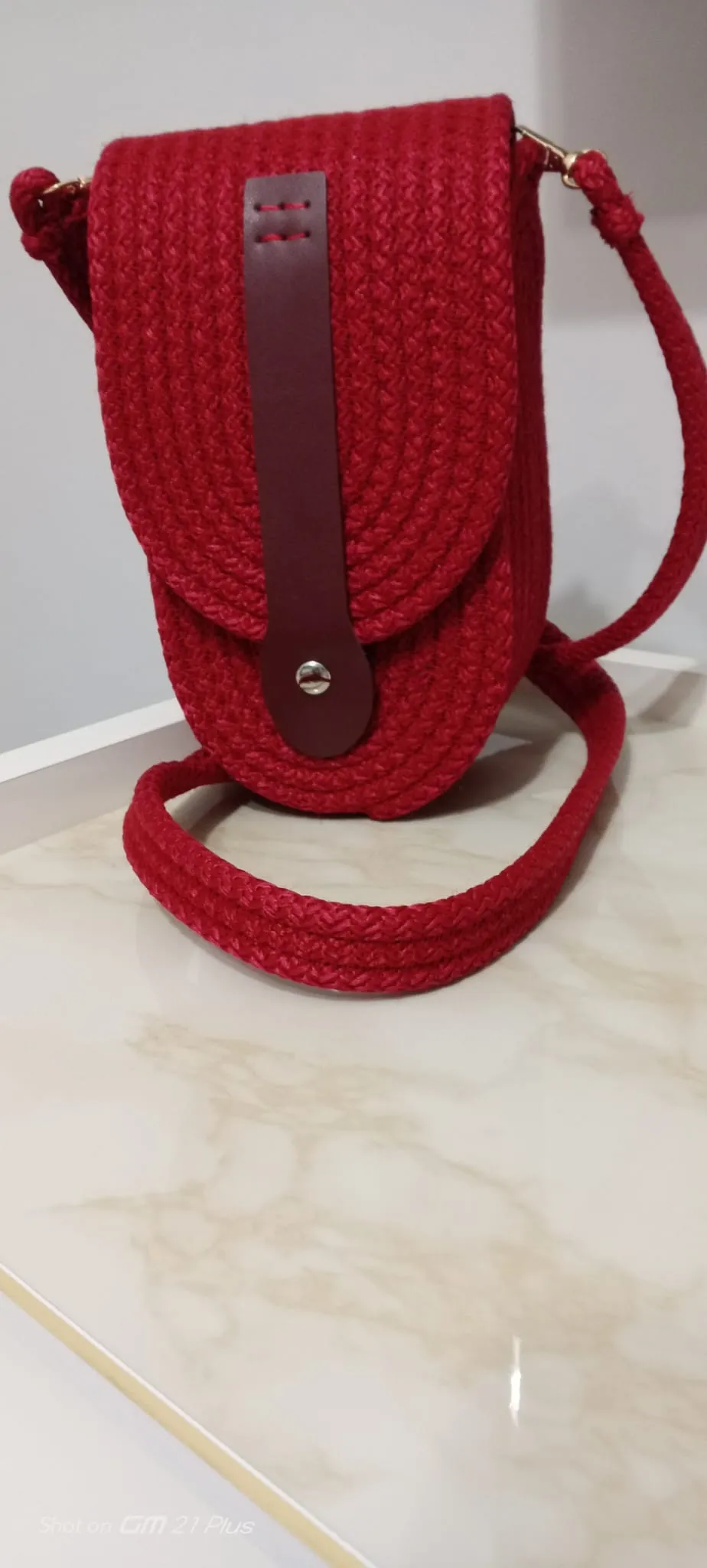 Handmade Knitted Phone Bag - Large Volume, Leather Cover Design